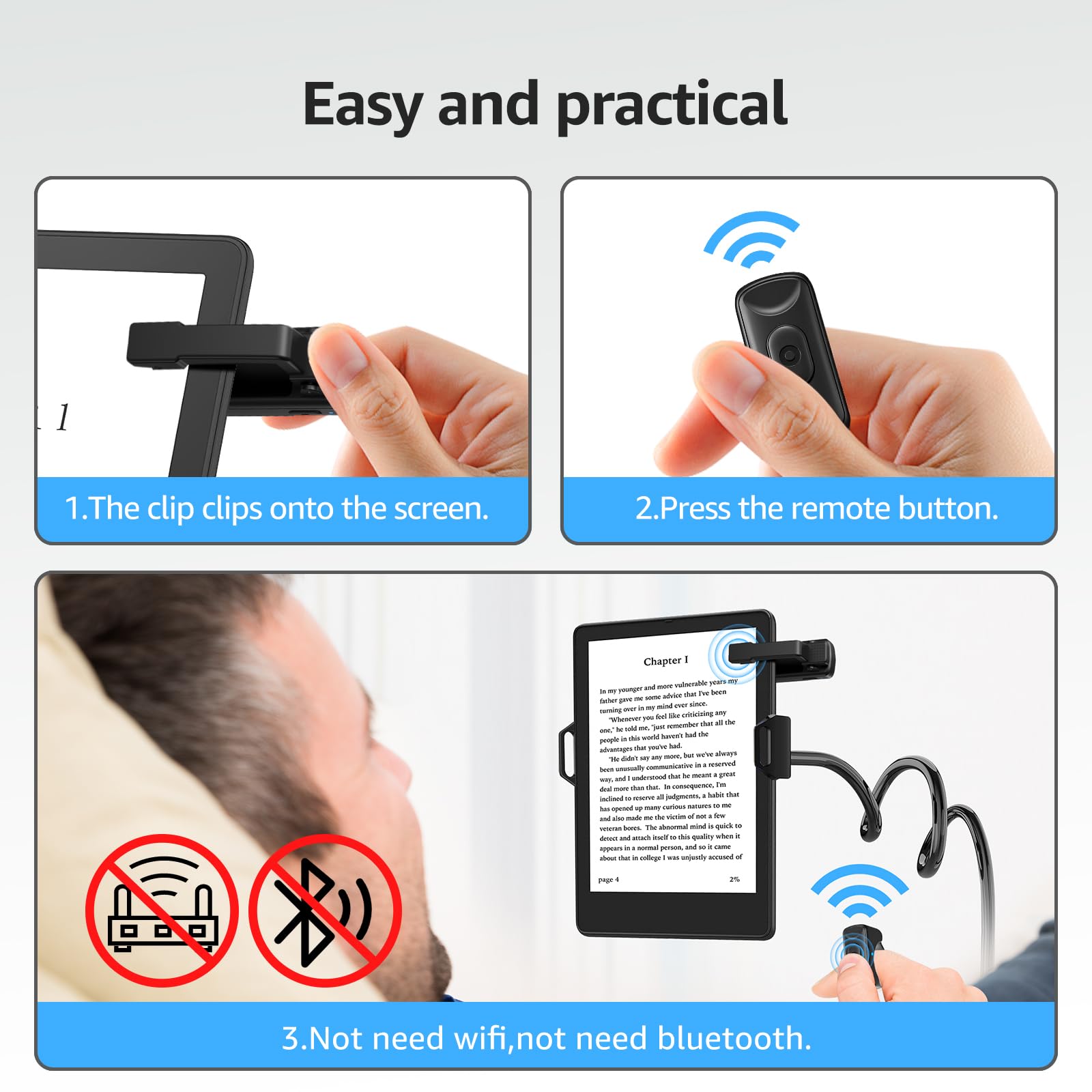 Télécommande Tourne-Pages Sans Fil Pour Kindle - Portée 10 M, Charge Type-C, Autonomie 48h - Noir, Blanc, Rose