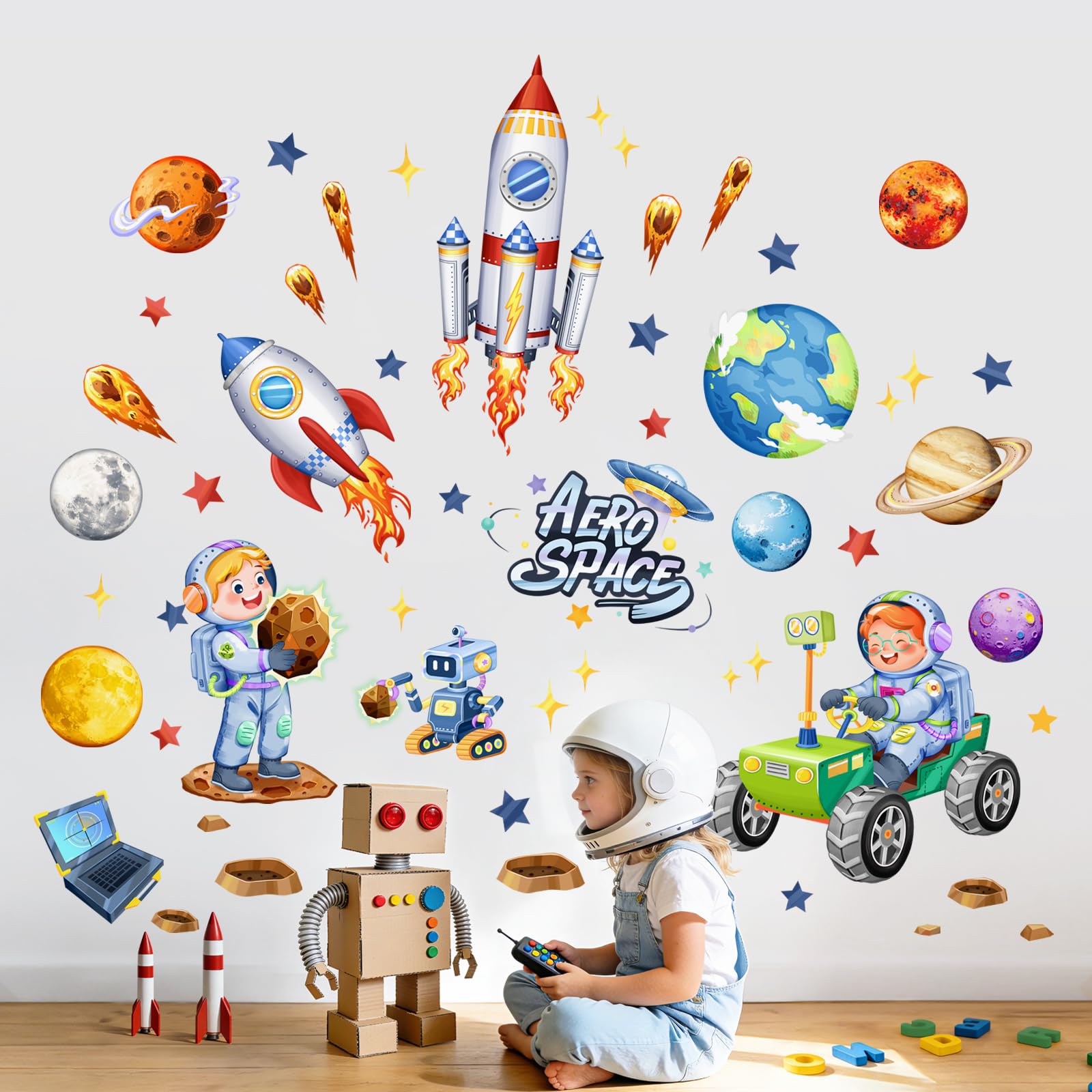 Supzone Wandtattoo Raketen Weltraum Wandsticker Kinderzimmer Jungen Wandaufkleber Planeten Sonnensystem Astronaut Auto Wanddeko für Kinderzimmer Babyzimmer Jungenzimmer Spielzimmer