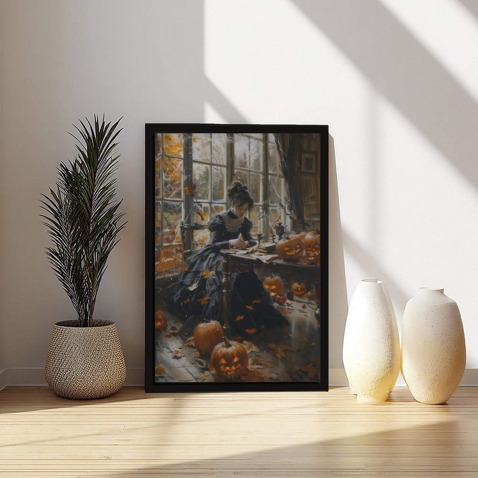 Poster sur toile représentant une femme avec une lanterne citrouille - Décoration pour chambre à coucher, bureau, chambre - Cadeau - 40,6 x 61 cm (L x l)