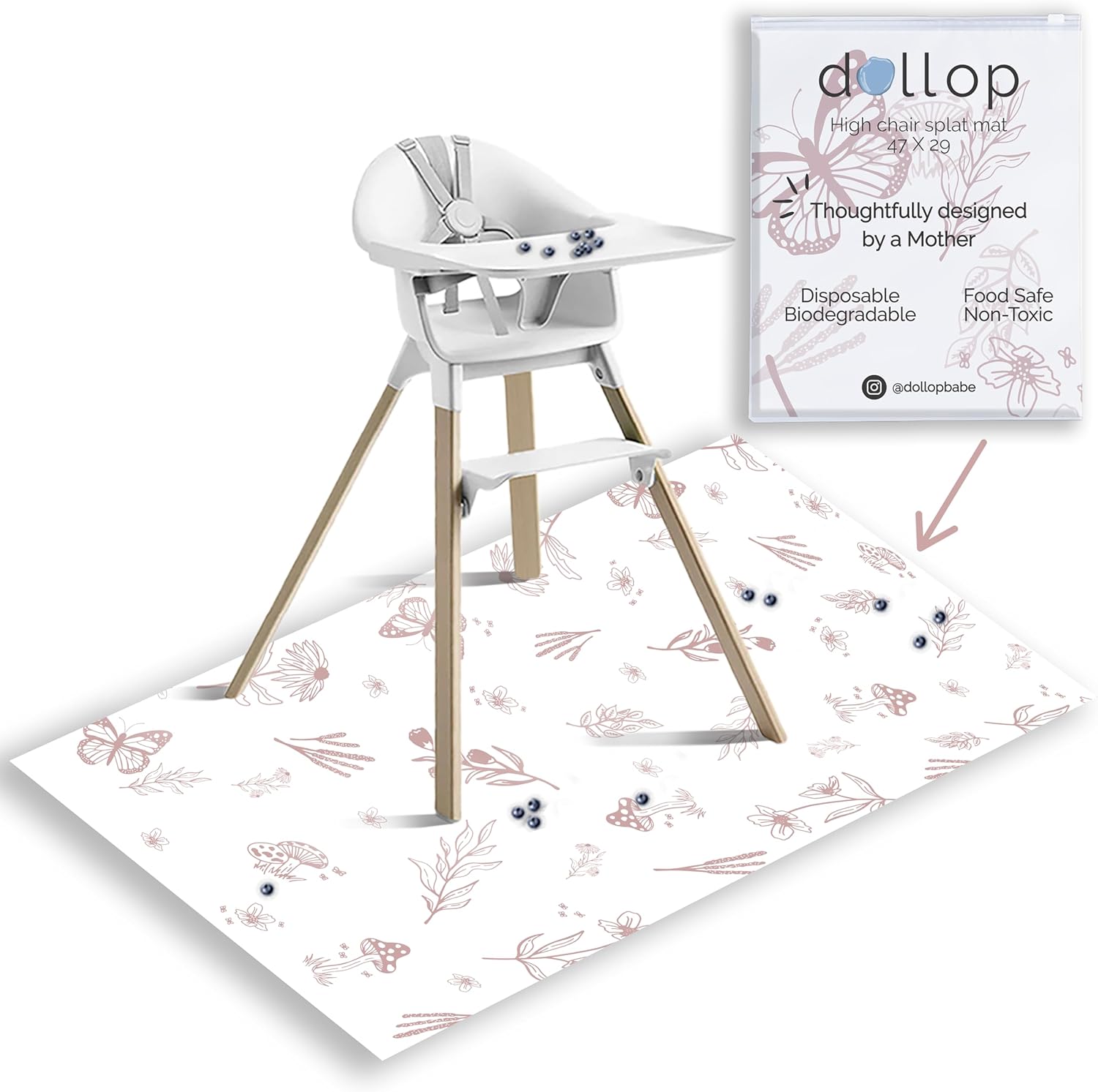 Food Catcher Splat Mat for Underneath Highchair | Premium Durable Material | Biodegradable | Disposable (30 Count)| Compatible with All Highchairs | Baby Food Mess Catcher- (Rose Wildflower)