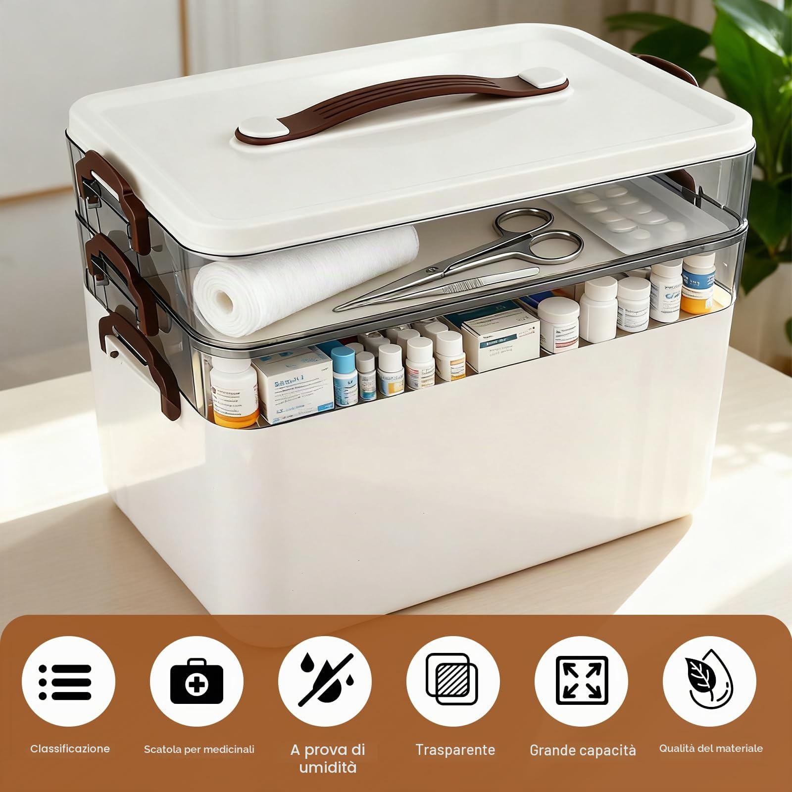 Porta Medicine da Casa, 3 Piani Scatola Porta Medicine, Portatile Scatola per Medicinali con Manico Ergonomico e Coperchio per Medicine, Gadget, Gioielli, Cosmetici (Bianco)