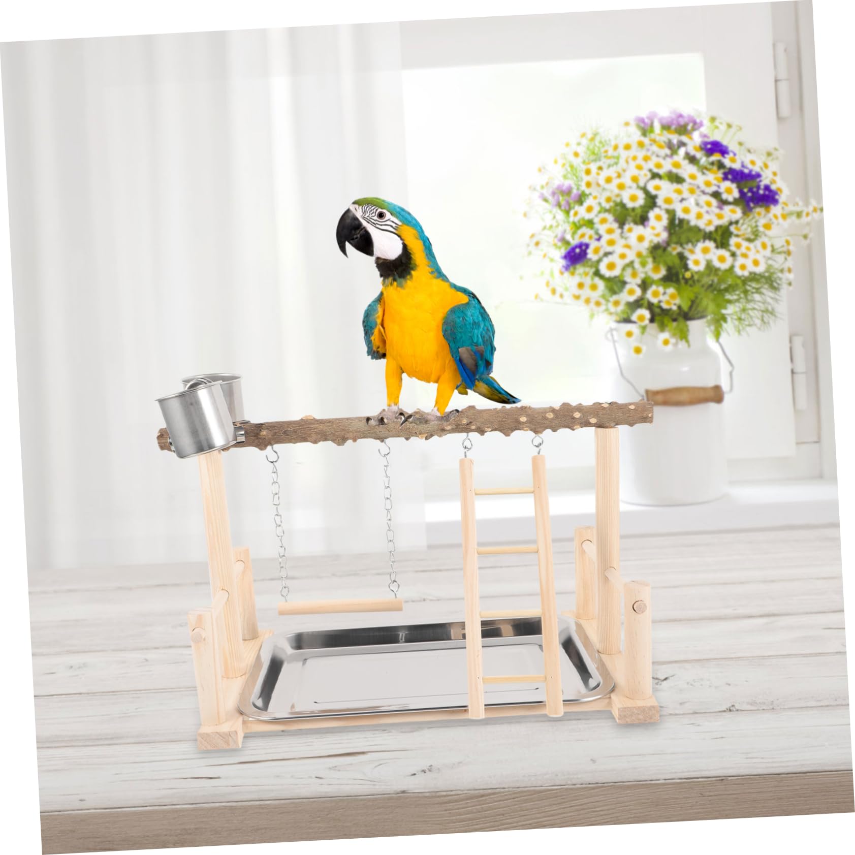 Happyyami 1set Posatoi Legno Per Pappagalli Piattaforma Interattiva Con Mangiatoia e Scala Accessori Per Uccelli Legno Naturale Spazio Per Giocare e Nutrire