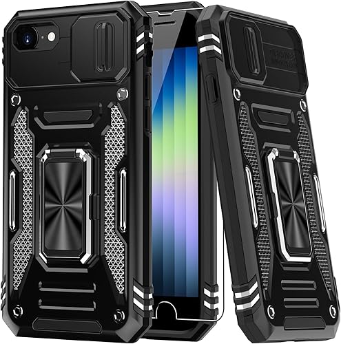 MERRO Funda para iPhone SE 2022iPhone SE 2020iPhone 8iPhone 7 con protector de pantalla, funda deslizante para cámara, funda de grado militar con