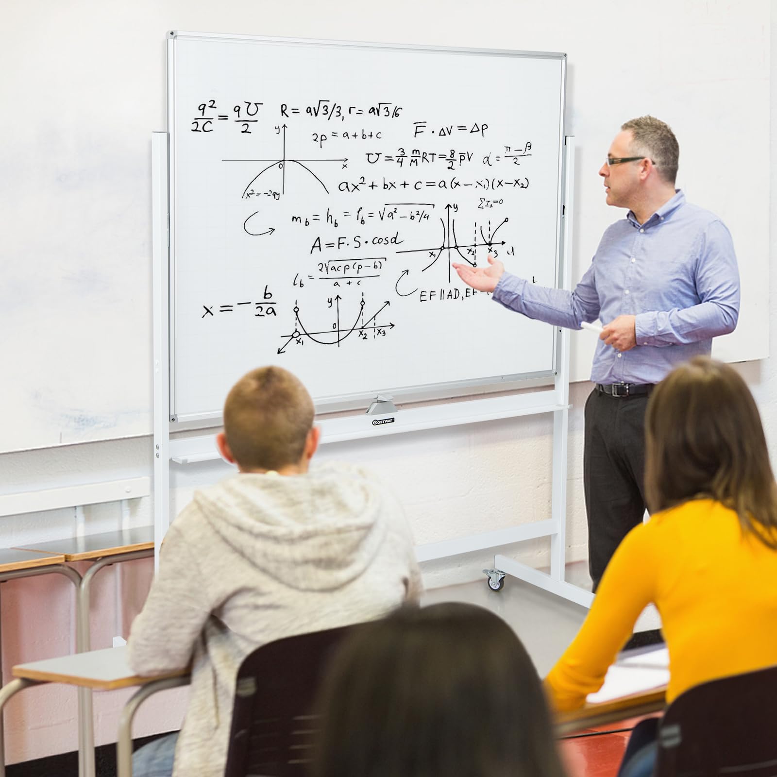 FANTASK Doppelseitiges mobiles Whiteboard, 120 x 90 cm, Trocken abwischbares magnetisches Whiteboard mit Gittermuster, Rollen, Ständer und Stiftablage, inkl. Zubehör für Büro, Zuhause (Weiß)