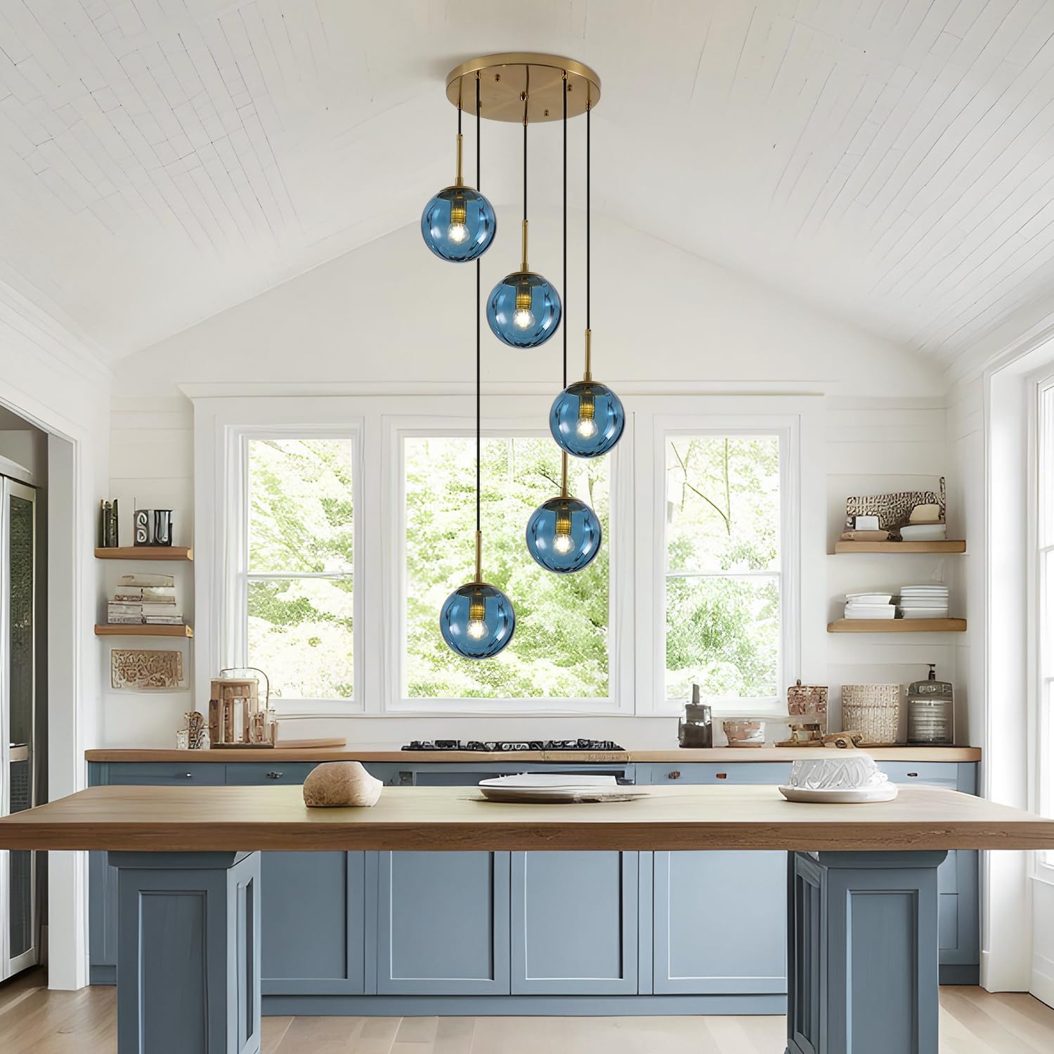 5 Light Hanging Pendant Light Fixture Blue Glass Pendant Lights Kitchen Island Globe Cluster Chandelier Brushed Gold Cluster Pendant Light Modern Kitchen Pendant Lighting