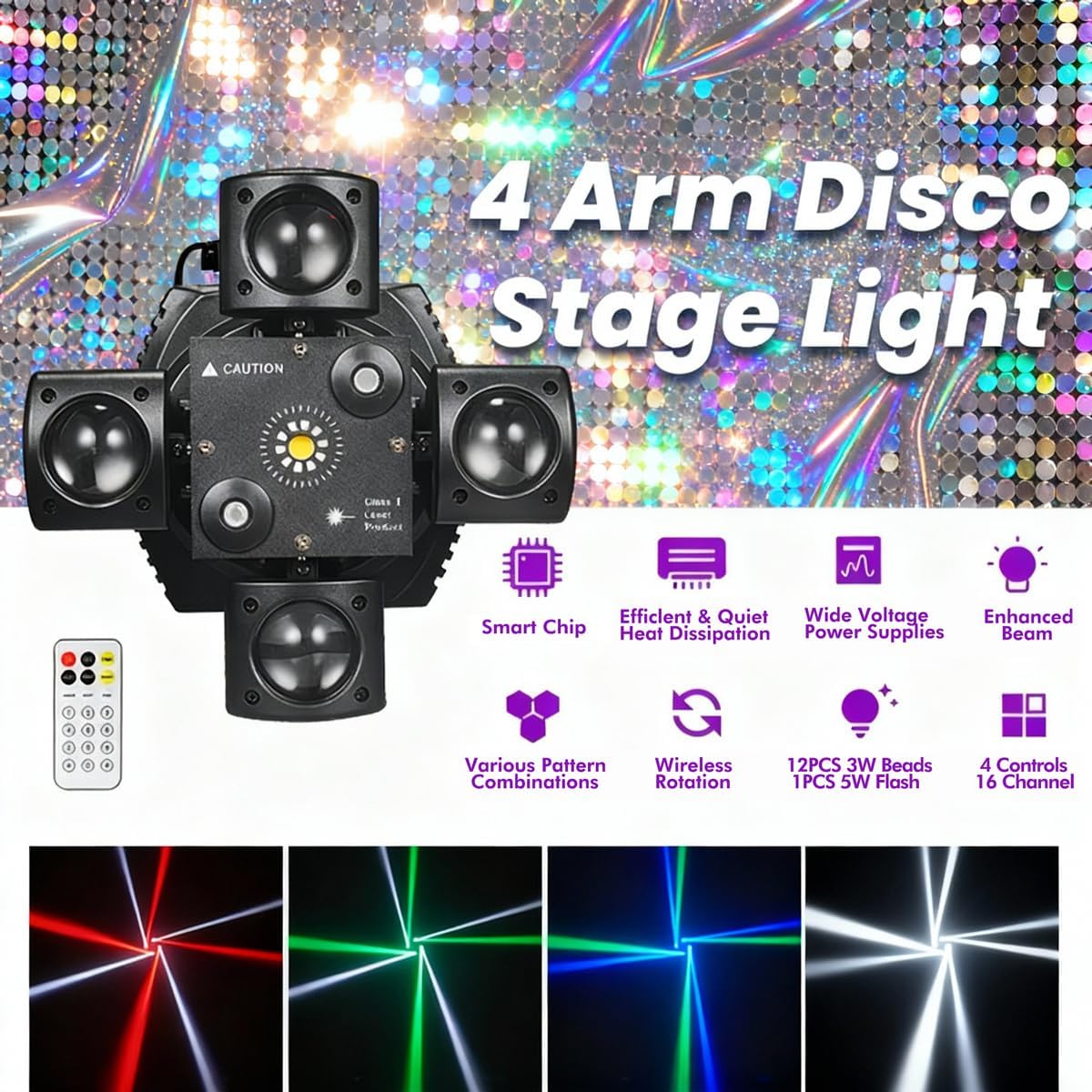 Moving Head DJ Light with Remote Control 4 Arms RGBW Home Party Disco Light with Sound Active DMX Strobe Beam Lighting for Halloween Christmas