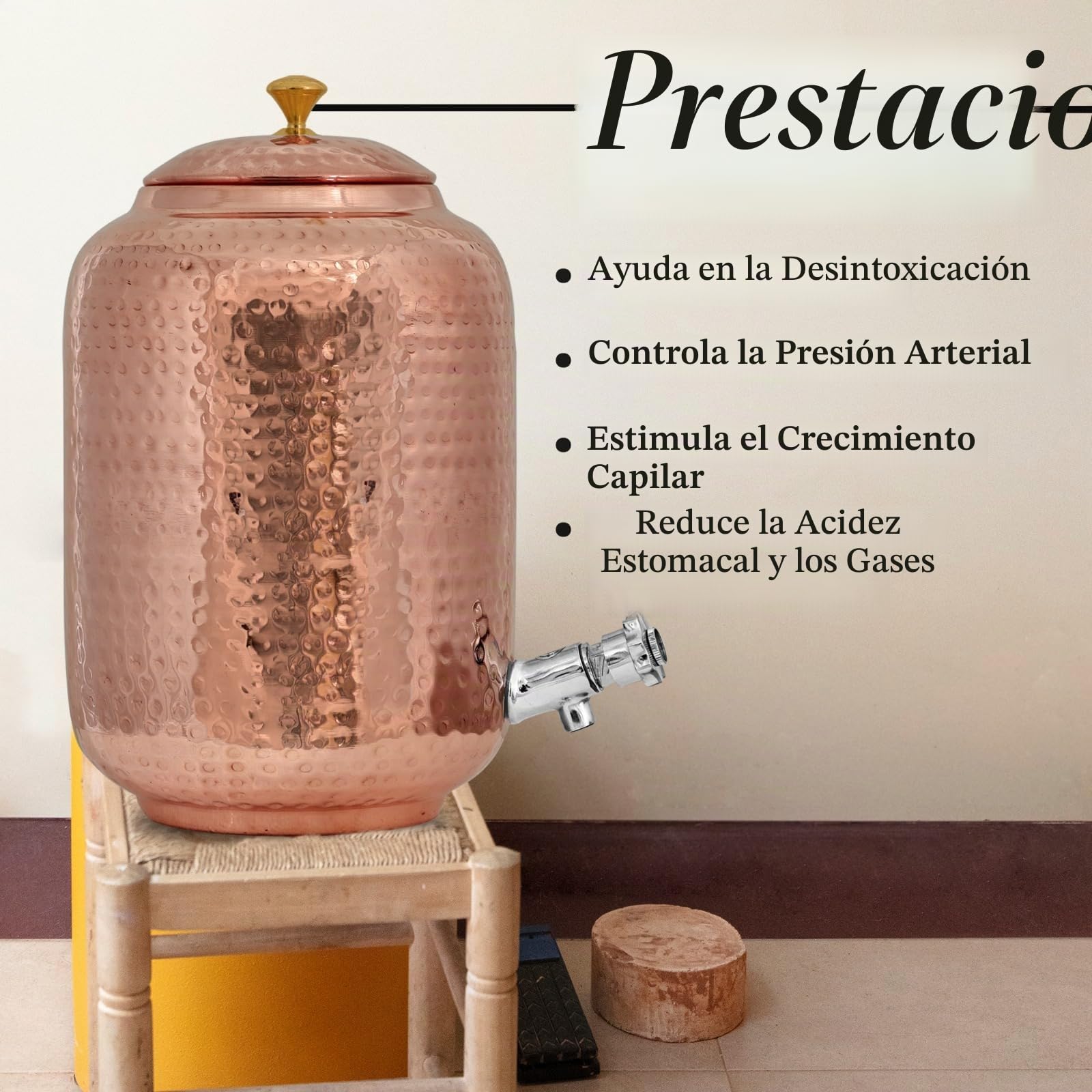 Dispensador de agua de cobre de 8 litros y 2 vasos con juego de botellas de agua, martillado a mano, solución de hidratación ayurvédica