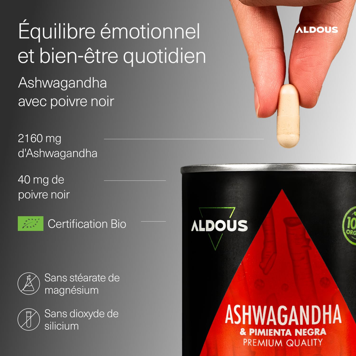 Ashwagandha Bio 2160mg - 250 Gélules Végétales - Racine d'Ashwagandha Bio avec Poivre Noir - Withania Somnifera - Bien-être, Anti Stress, Énergie, Sommeil - Sans Additifs - Certifié Biologique -ALDOUS