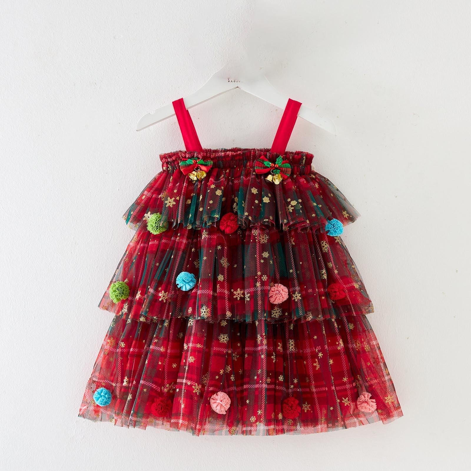 Vestido de Navidad para Niñas Pequeñas Disfraz Arbol de Navidad Niñas Vestidos Sin Mangas de Tul 3 Capas Brillante Vestidos con Lentejuelas de Estrella y Pompones Traje Navideño 0-8 Años
