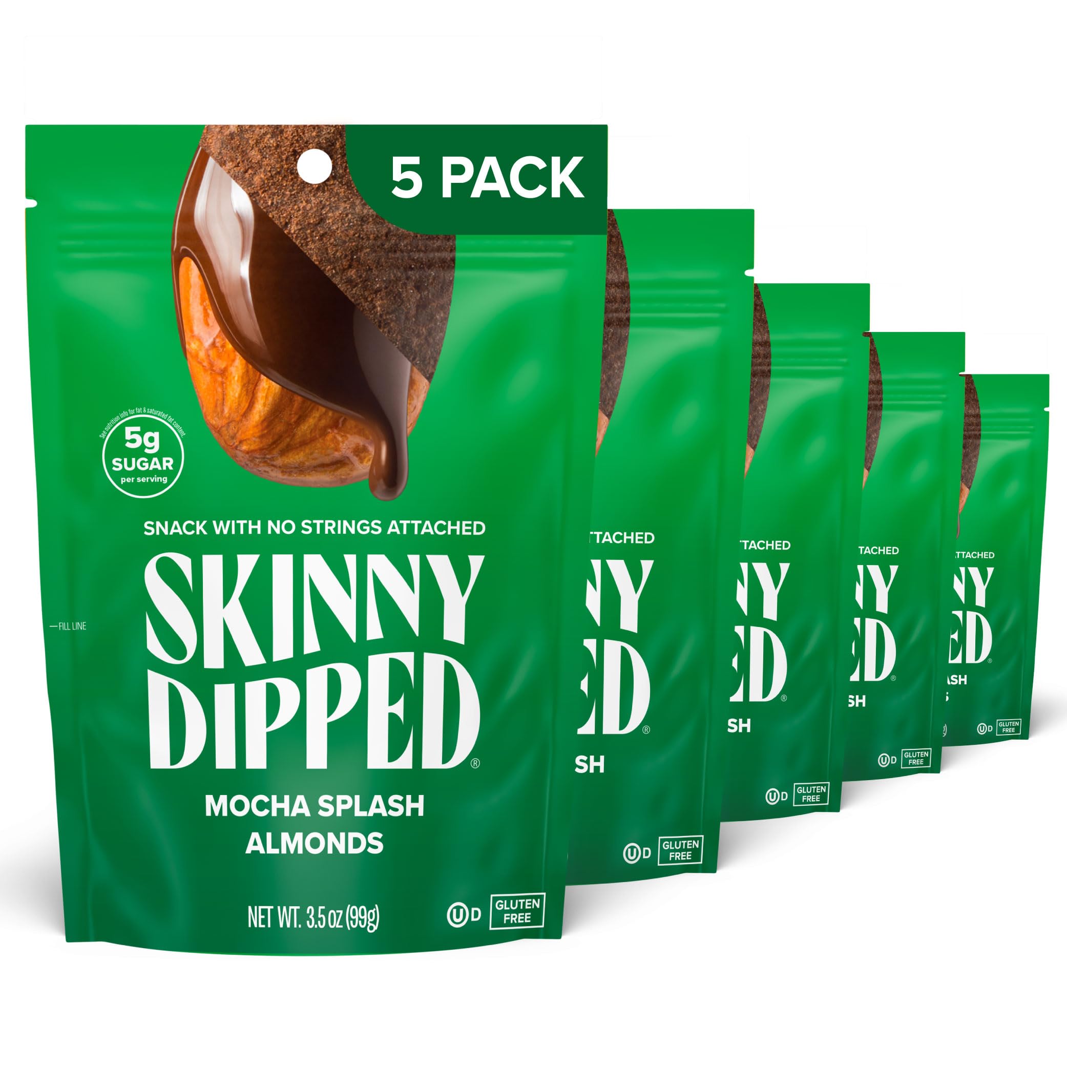 SkinnyDipped Mocha Splash Almonds, Healthy Snack, Plant Protein, Gluten Free, 3.5 oz Resealable Bags, Pack of 5