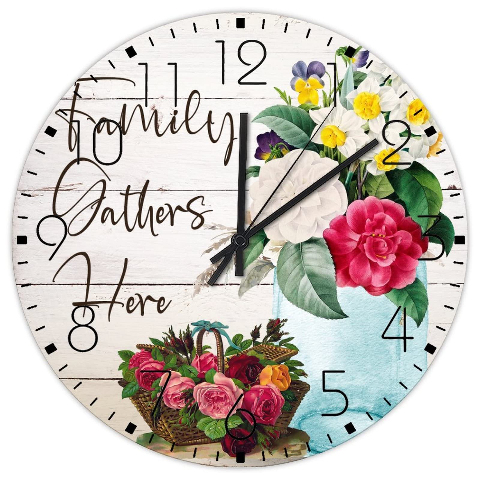 Horloge murale en bois de 38,1 cm tableau abstrait fleurs aquarelle