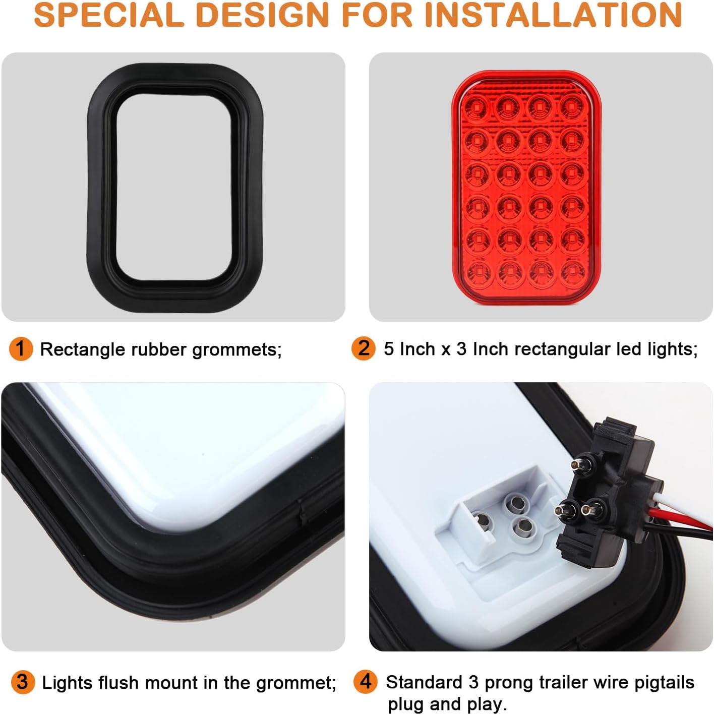 3x5 Inch Rectangle LED Trailer Tail Light Kit, 6Pcs 5" x 3" Inch Rectangular Led Stop Turn Tail Brake Backup Reverse Lights Kit 24LED Sealed for Truck RV Waterproof w/3 Prong Wire Pigtails