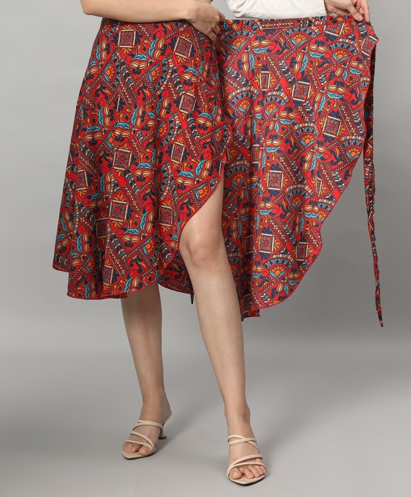 Image of GirlCode Women's Boho Floral Print Wrap Front Self Tie Knot Midi Skirt Women & Girls