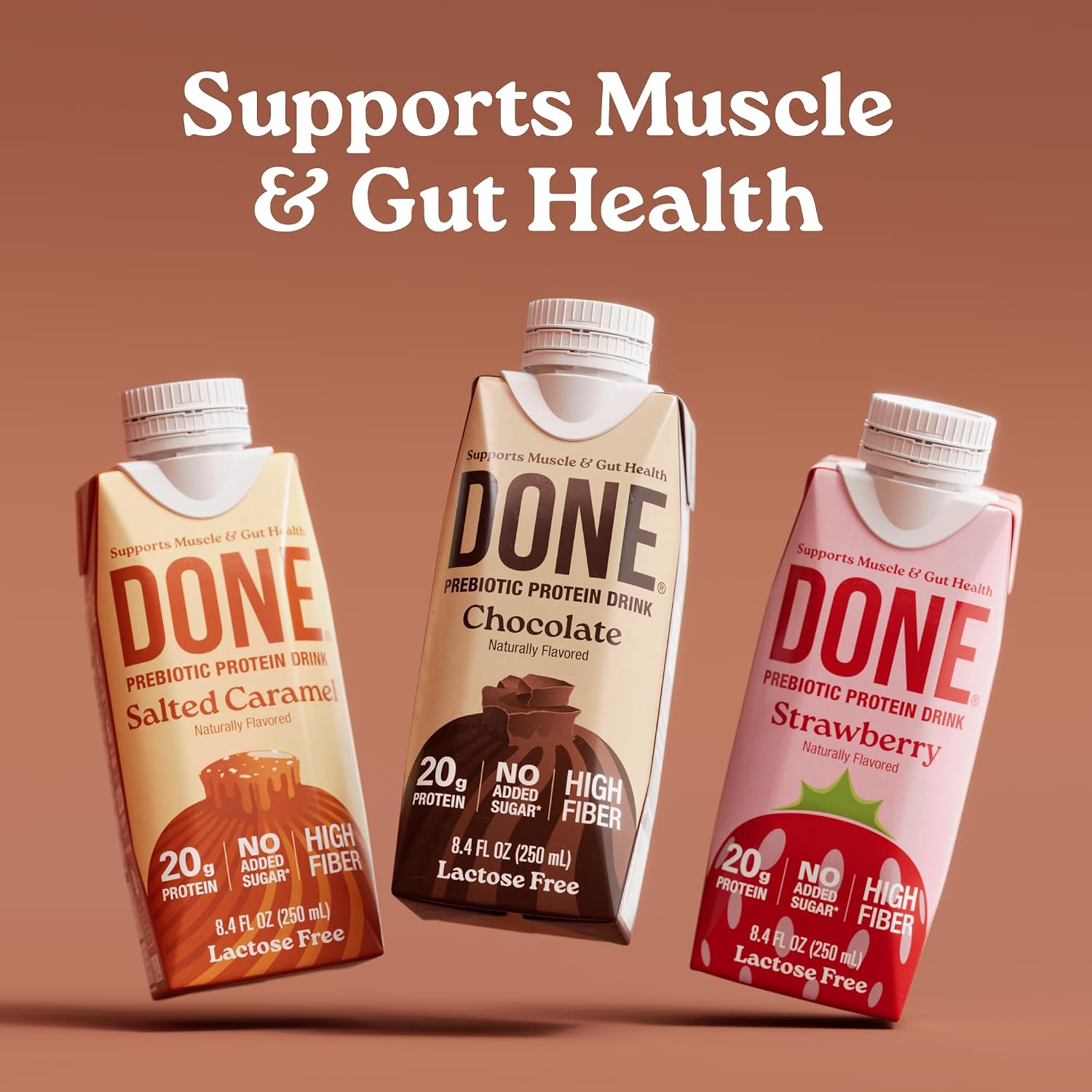 Done Prebiotic Protein Drink, 20G Whey Protein, High Fiber Protein Shake With Prebiotics, Gluten Free, Lactose Free, No Added Sugar, Natural Flavor, Non GMO (Chocolate (8 Pack))
