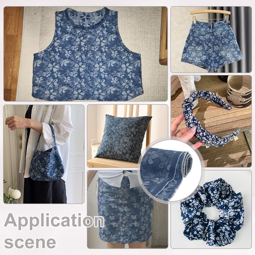 PH PandaHall Flower Printed Denim Fabric by The Yard Floral Pattern Sewing Fabric 55 Inch Wide Blue Crafts Fabrics Vintage Denim Fabrics for Sewing DIY Handmade Crafting Jeans Clothing Quilting