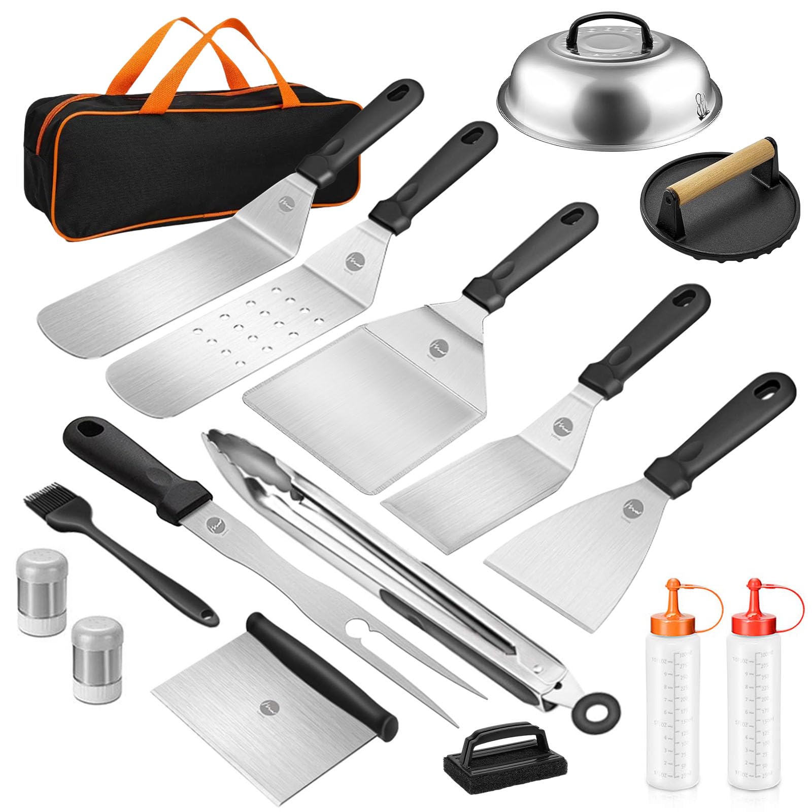 16 Piezas Conjunto de Espátula para Barbacoa, Juego de Barbacoa de Espatula Plancha de Acero Inoxidable, Herramientas de Espátula para Grill, con Cepillo, Botella y Bolsa de Almacenamiento