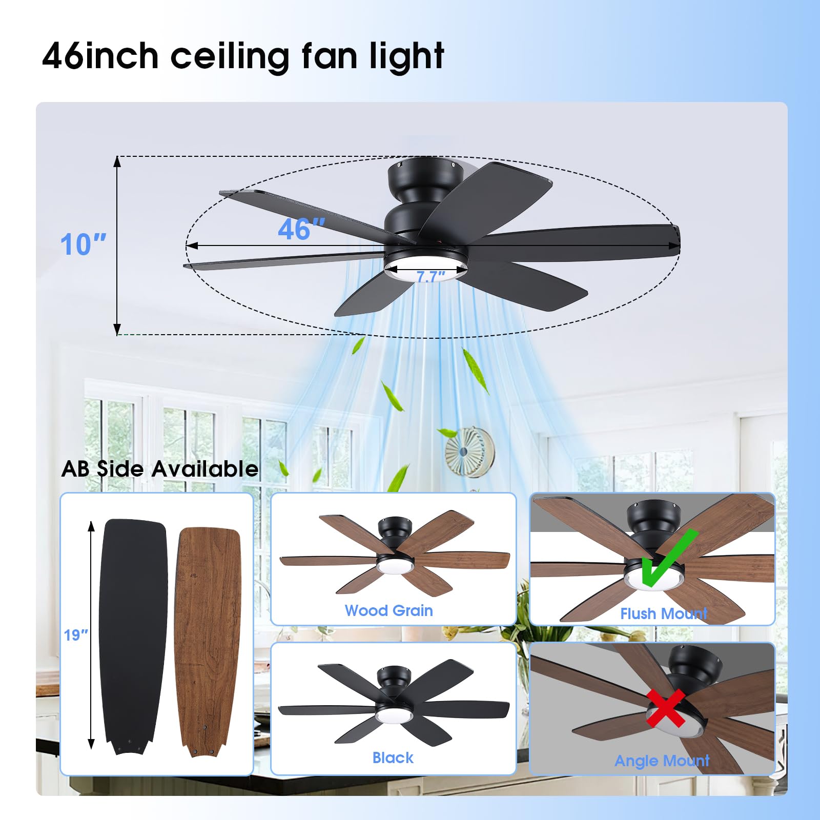 Kviflon 117 cm Landhaus-Deckenventilator mit Licht, Fernbedienung/APP-Steuerung, 6 umkehrbare Doppel-Seiten-Klingen, 3 CCT Dimmbar, Braun