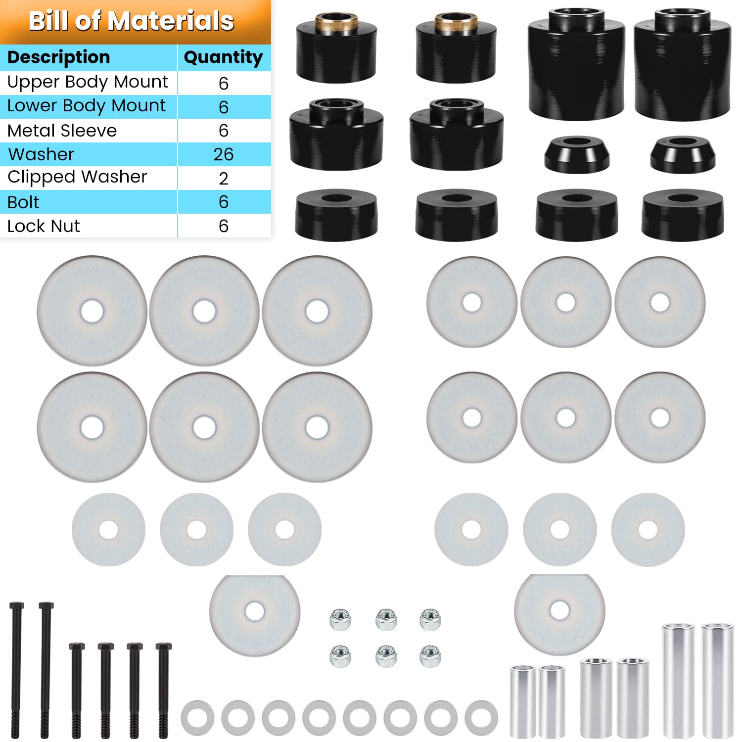E-cowlboy 4.4123R zestaw tulei montażowych do Ford F-150 F-250 F-350 1980-1998 2WD 4WD poliuretanowe uchwyty kabiny nadwozia, stalowe rękawy i zestaw osprzętu (czarna)