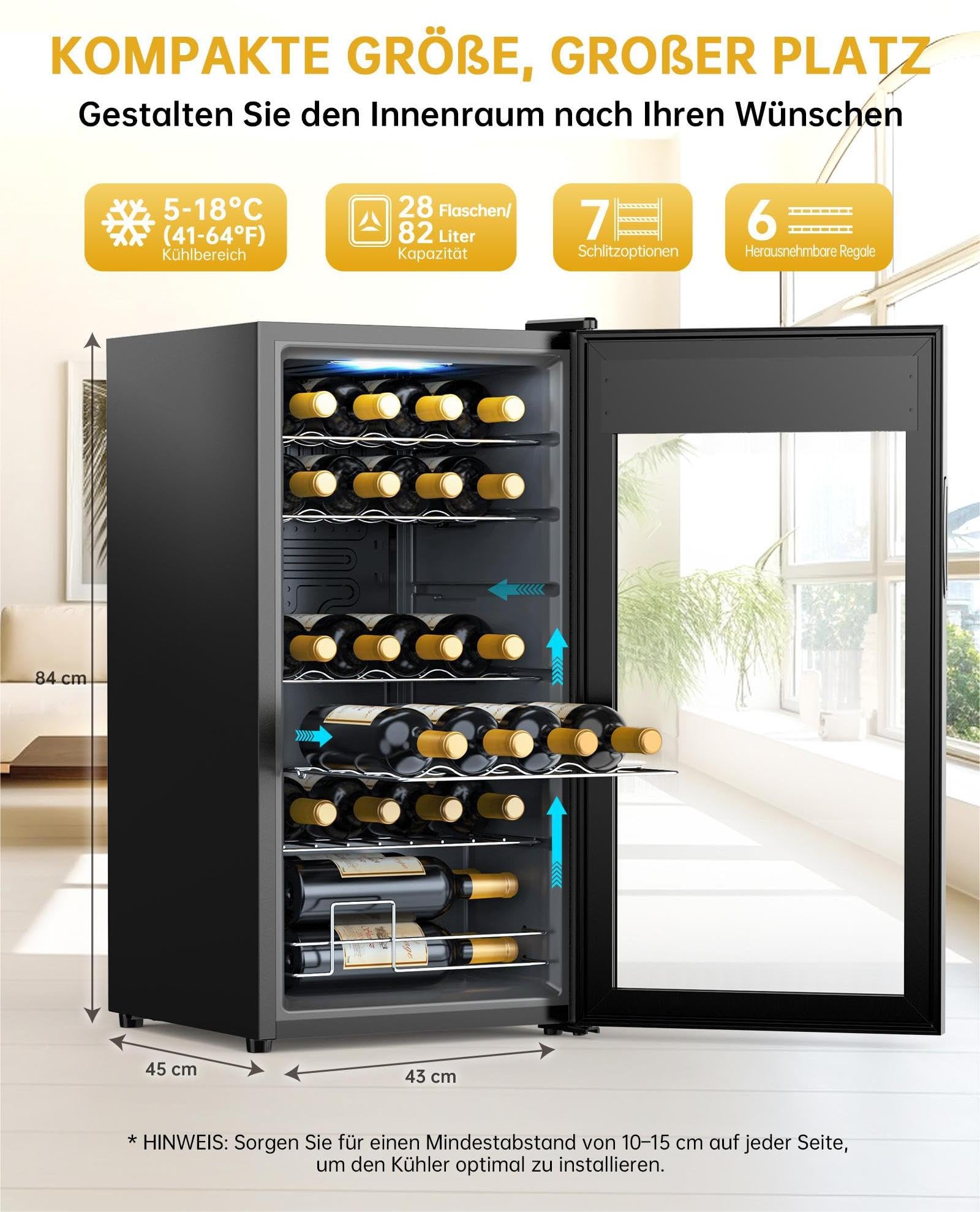 WIE Weinkühlschrank 82 Liter 28 Flaschen Compressor Glastür LED Touchpanel Anti-UV 5-18°C