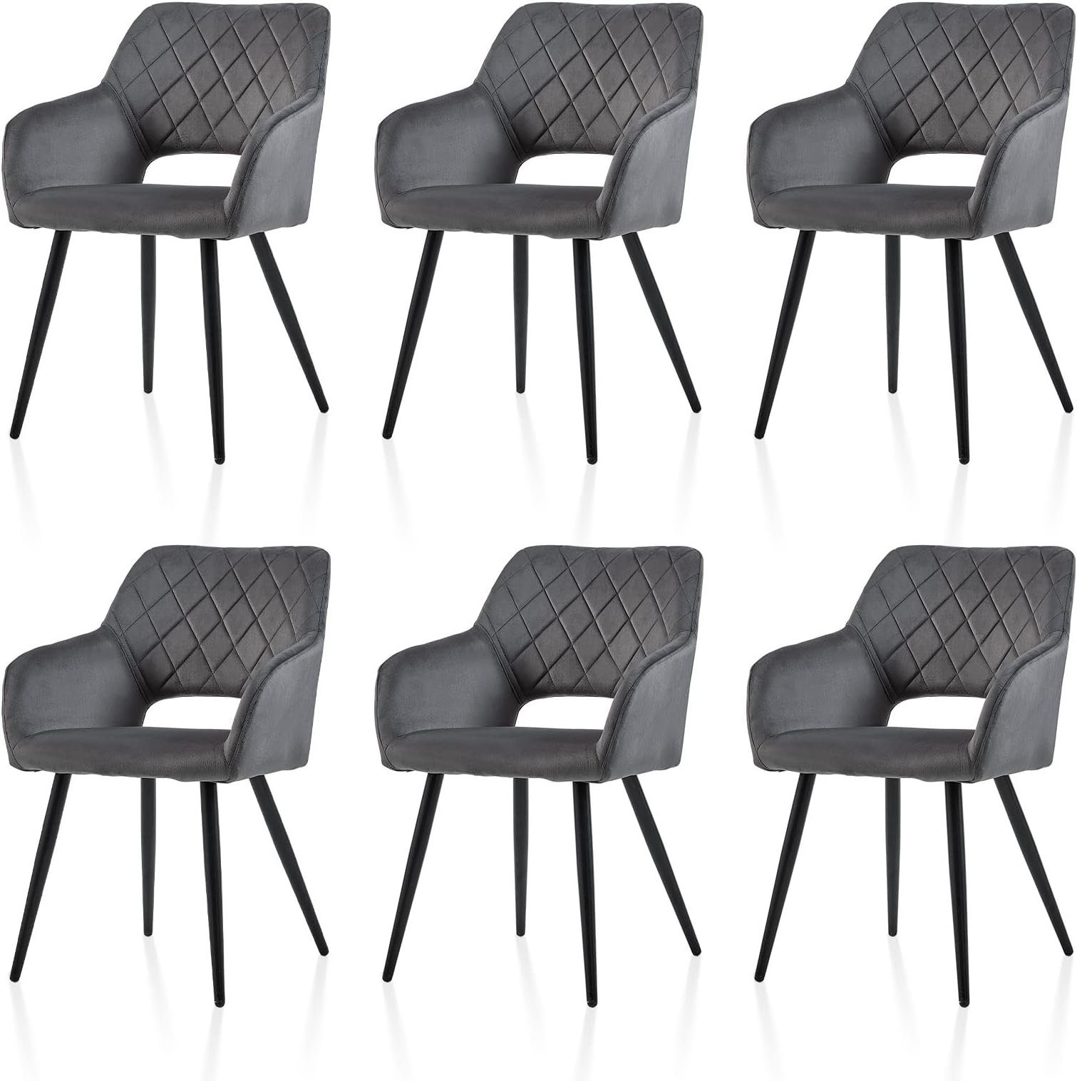 Grey Velvet Dining Chairs Set of 6 Thick Upholstered Seat Kitchen Chairs with Backrest, Arms & Black Metal Legs Leisure Accent Chairs Home Living Dining Room Furniture