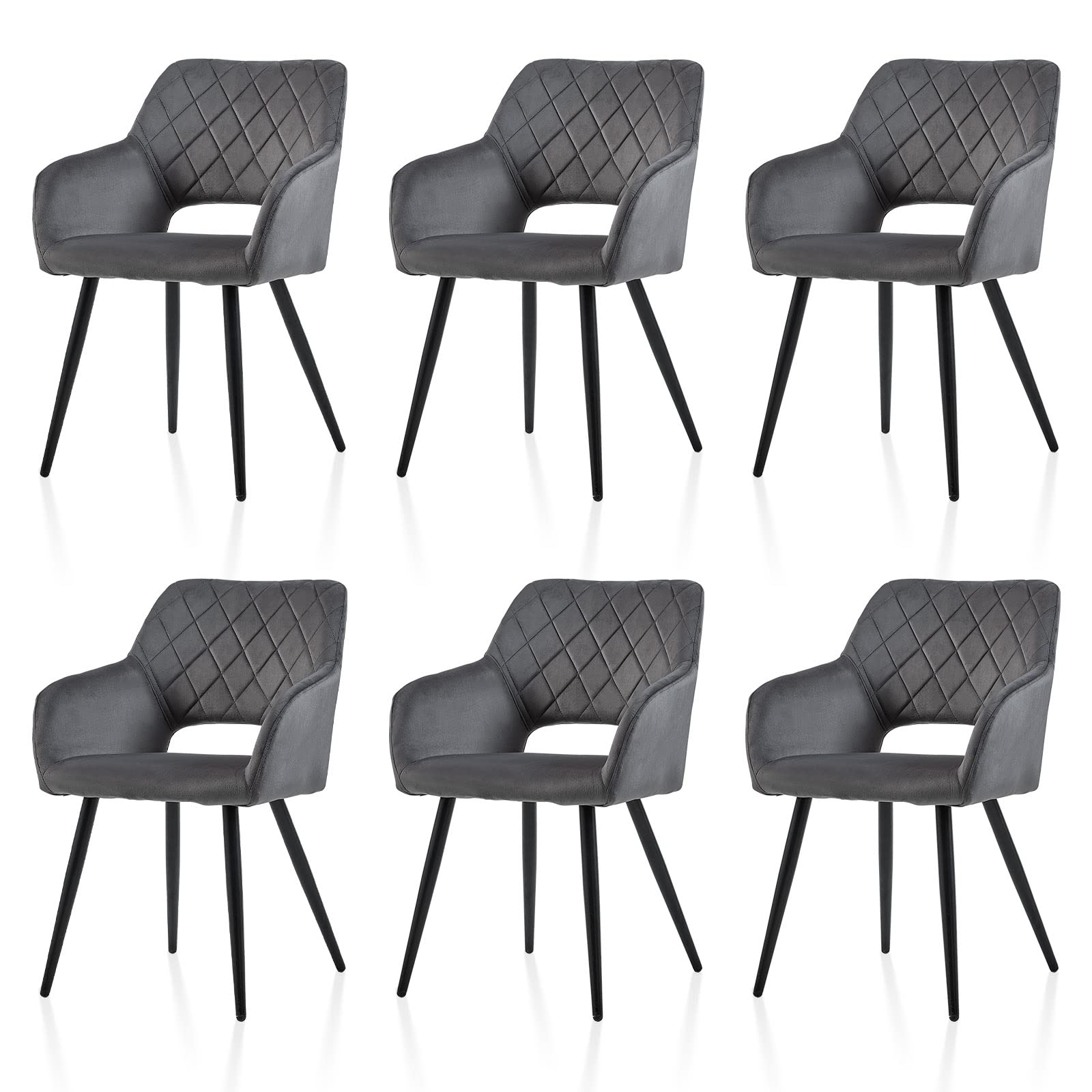 TUKAILAi Grey Velvet Dining Chairs Set of 6 Thick Upholstered Seat Kitchen Chairs with Backrest, Arms & Black Metal Legs Leisure Accent Chairs Home Living Dining Room Furniture