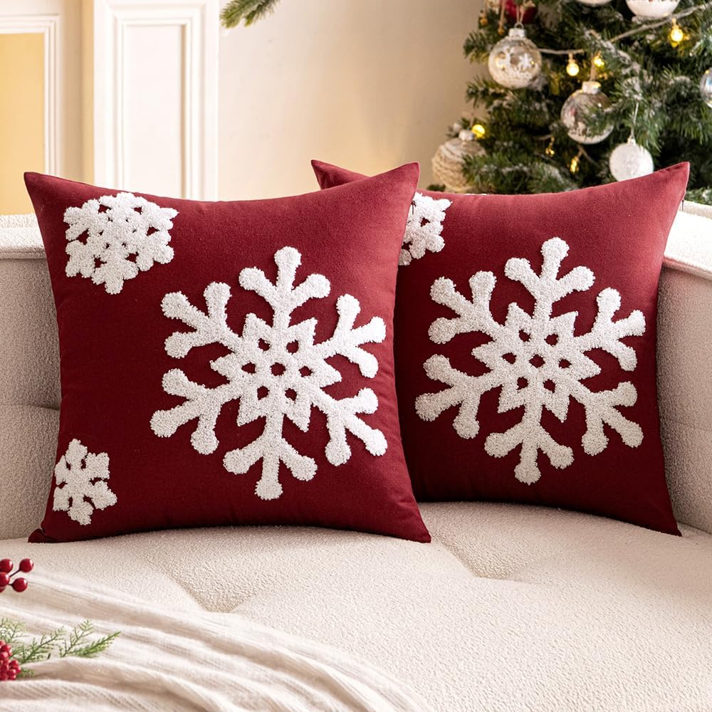 Woaboy Pack of 2 Christmas Red Throw Pillow Covers Decorative Snowflake Embroidery Couch Pillows Canvas Cushion case Holiday Festival Home Decor Soft Pillowcase for Sofa Bedroom Car 20x20 Inch