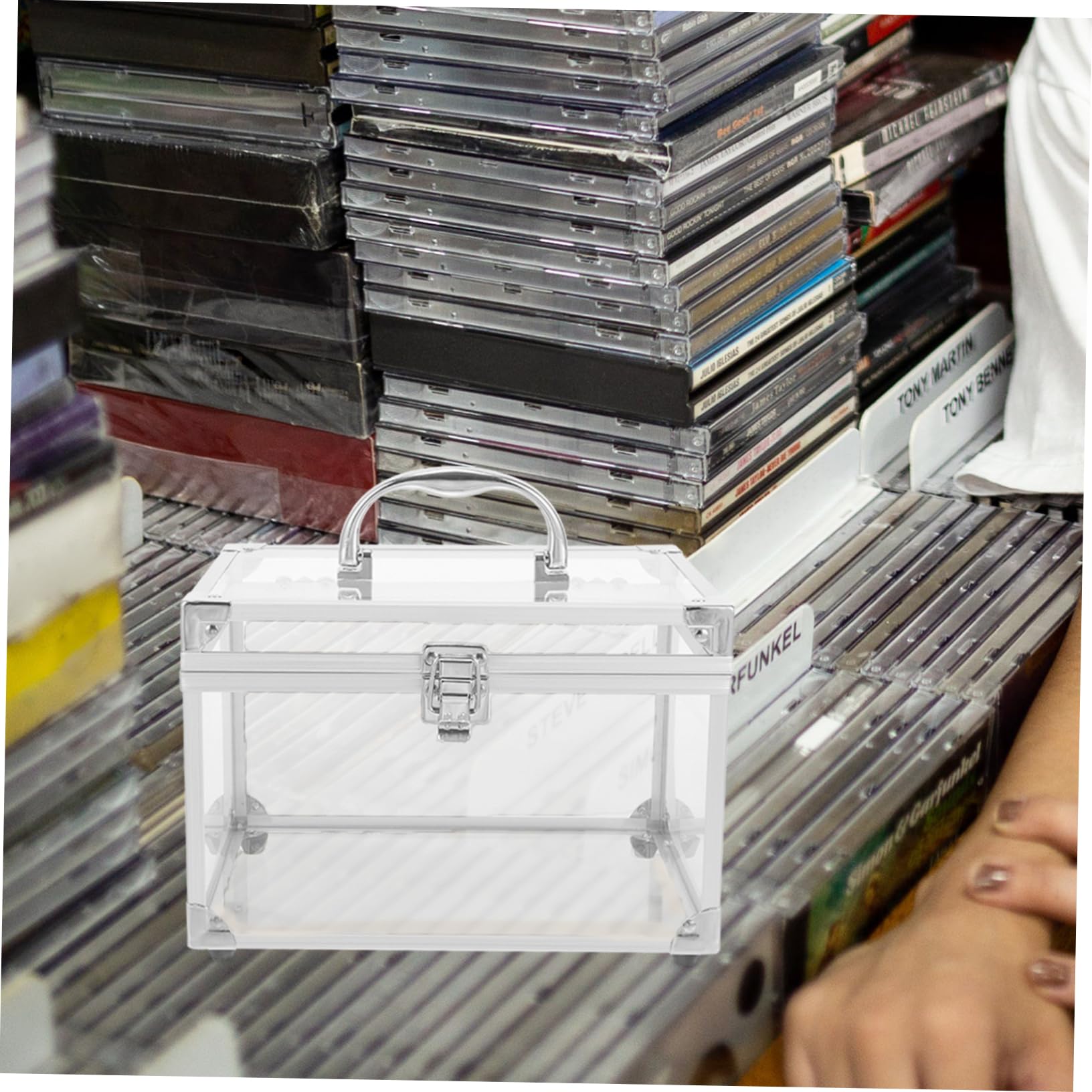 Contenitore CD in Acrilico con Maniglia, Argento, Trasparente | Organizzazione Dischi, Facile da Trasportare, Formato Compatto per Archiviazione Ordinata