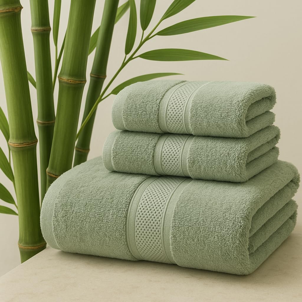 Bamboo Viscose Luxury Bath Towel Set - Set of 3 Pieces Bathroom Bath Towels 3 Sizes, Ultra Soft Zero Twist Made 70% Viscose from Bamboo Fiber & 30% Cotton, Super Lightweight Absorbent Unisex (Green)
