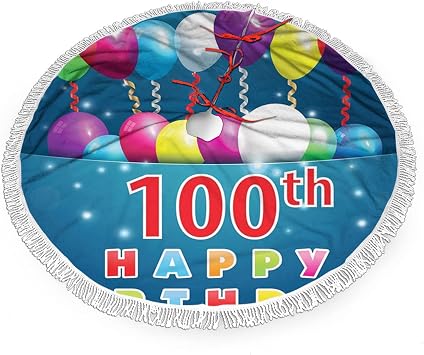100th Birthday Christmas Tree Skirt with Tassel,100 Years Birthday Festivity,Xmas Large Tree Mat for Christmas Party Decorations,Blue 48" inches