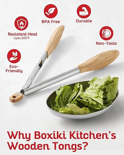 Miniatura 4 de Pinzas de cocina Boxiki Kitchen para cocinar con puntas de madera - Pinzas de madera ideales para barbacoa, ensalada, tostadora, pan y encurtidos -