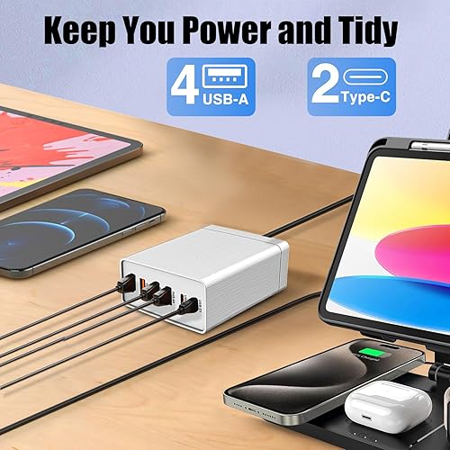 Miniatura 2 de Estación de carga USB multi de 40 W con enchufe plano de 6 puertos con tecnología de detección automática, estación de carga USB para múltiples