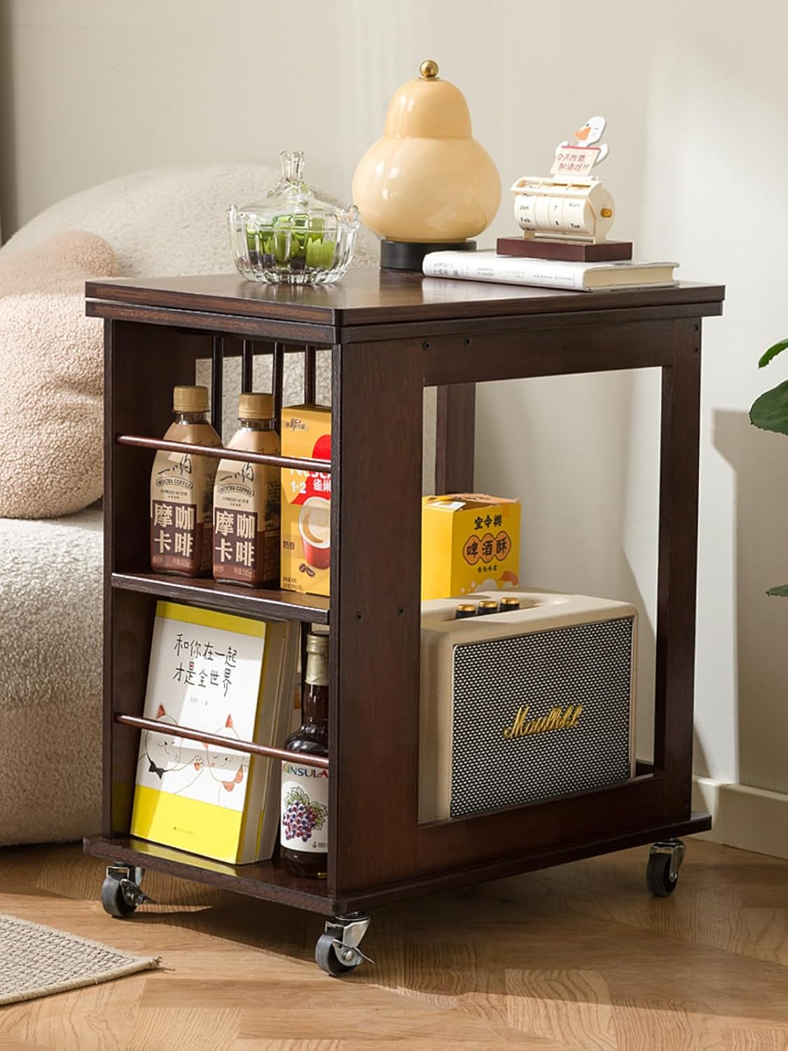 NIGOE モバイルサイドテーブル、ベッドサイドテーブル、木製、キャスター付き、移動可能、サイドカート、折りたたみ式デザイン、省スペ