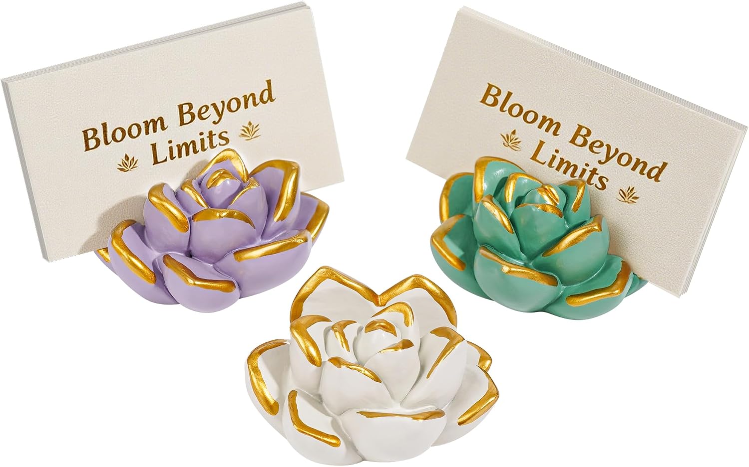SB Goods Resin Succulent Business Card Holder Set of 3 (White/Purple/Green) - Modern Desk Organizer for Office & Store, Vertical Name Card Display Stand - Unique Gift Idea & Home Decor