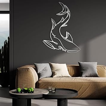 Idadey Shark Wall Decor, Shark Metal Wall Decor, Metal Fish Wall Decor, Shark Themed Modern Design Wall Decor, Minimalist Line Shark Art Decor, Nautical Metal Wall Art Silver, 53"x40" | 135x100cm