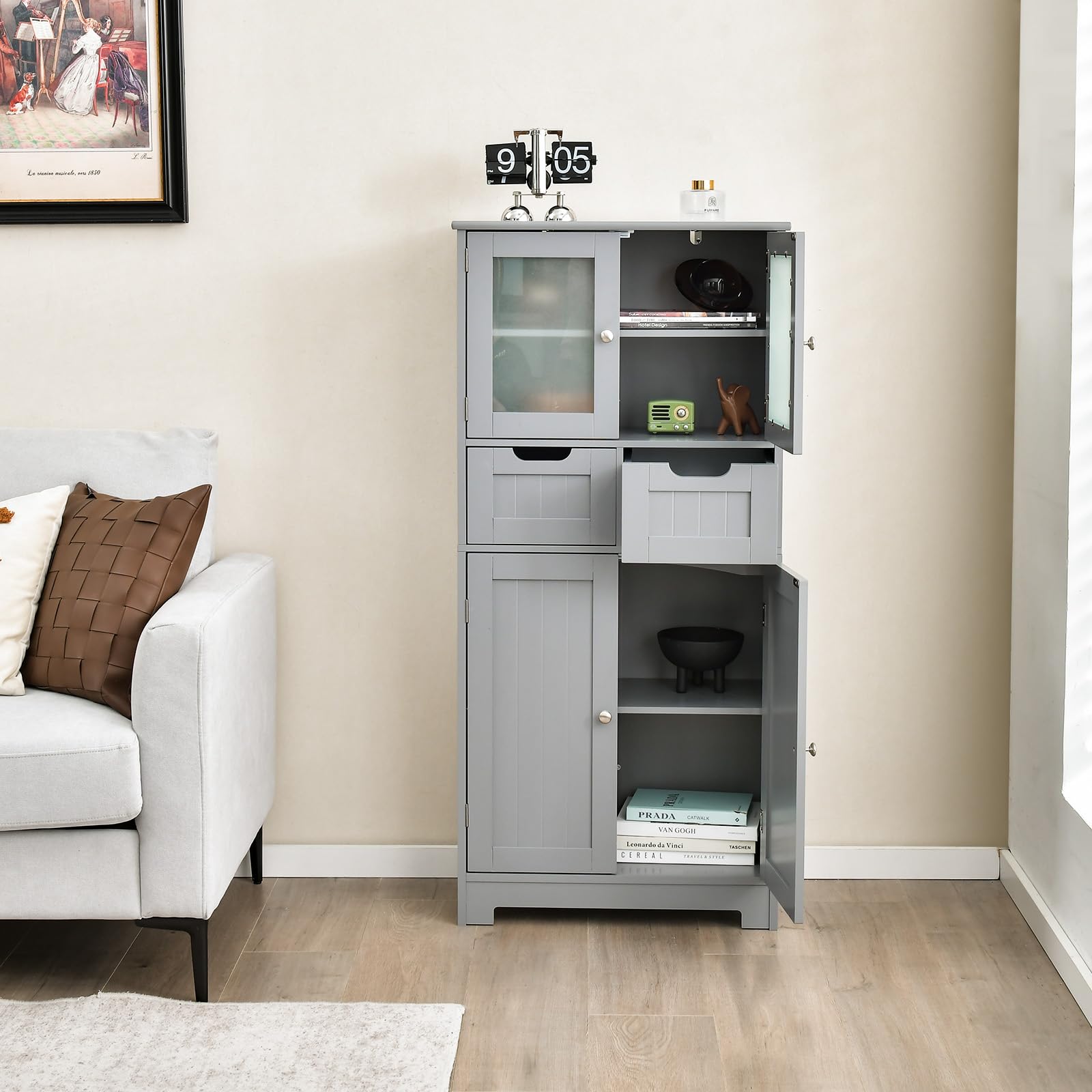 LIFEZEAL Mobiletto Bagno Salvaspazio in Legno, Armadio a 2 Ante in Vetro, Arredo Grande 60x30x128 cm, Mobile Dispensa Cucina con 2 cassetti, Vetrinetta Soggiorno Moderno e Alta, (grigio)