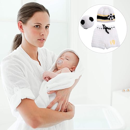 Miniatura 5 de NUOBESTY - Juego de 3 piezas de accesorios de fotografía para bebés recién nacidos de fútbol, ganchillo, traje para bebé, deporte, fiesta temática,