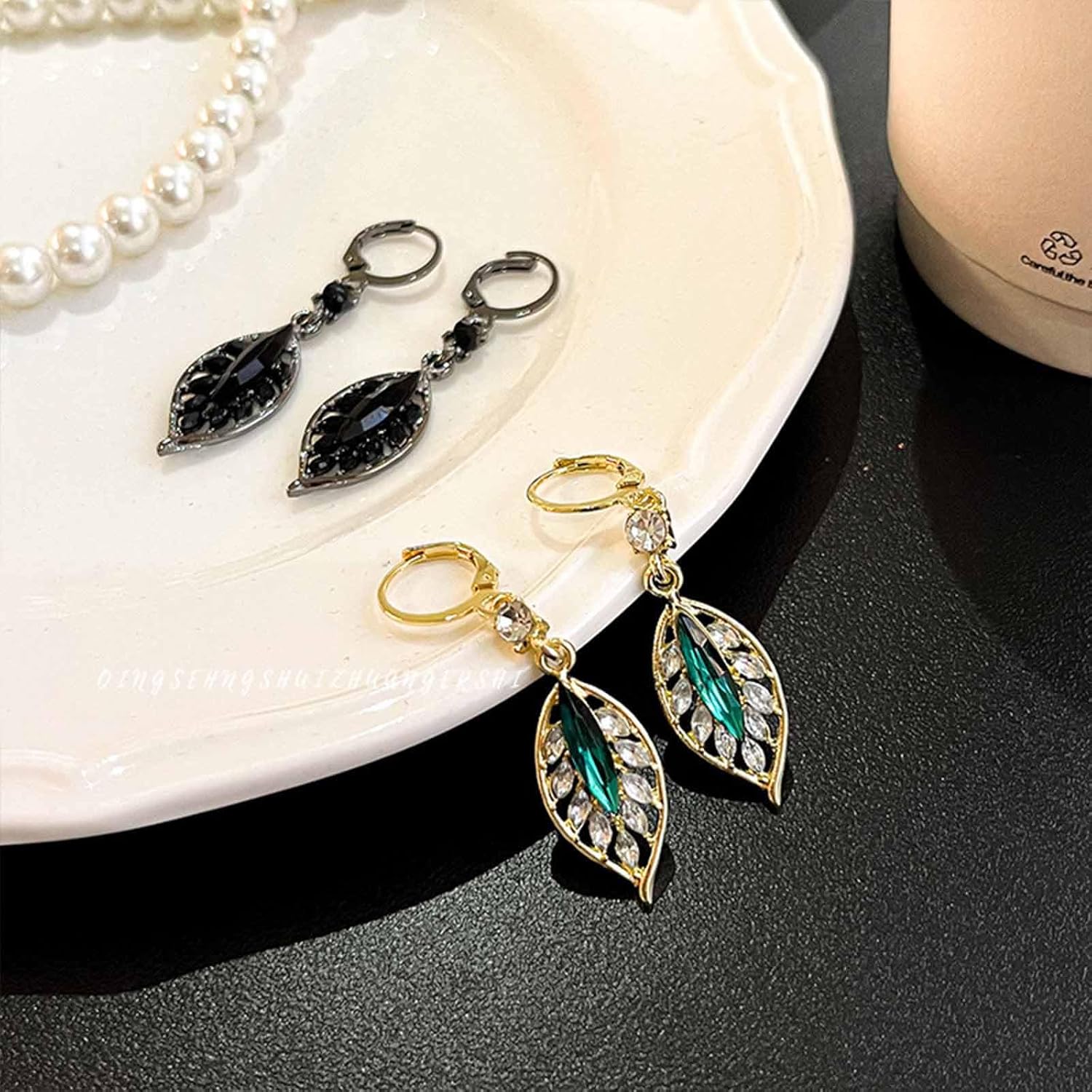 W WEILIRIAN Boho Crystal Leaf Dangle Earrings Black Leaf Earrings for Girls Rhinestone Leaf Hoop Earrings Cz Leaf Hoop Drop Earrings Jewelry for Women Gifts - Image 6