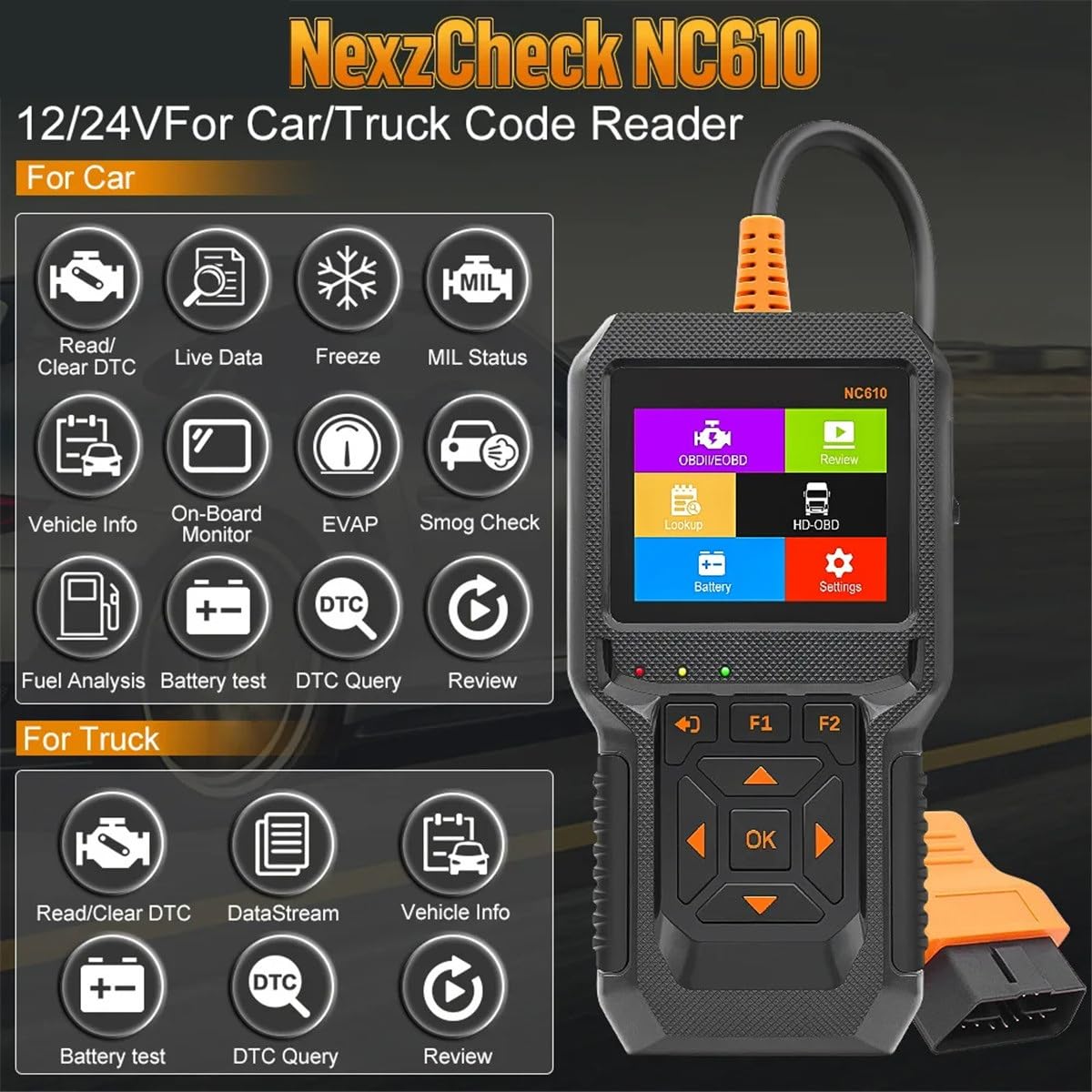 OBD2 Scanner Fault Diagnostico Strumento NC610 12V 24V Per Auto Camion Heavy Duty 2-in-1 Controllo Codice Motore Lettore Live Data J1939