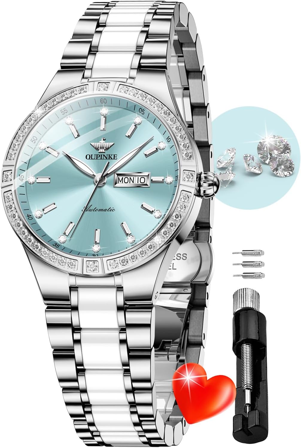 - Women Automatic Watches Colorful Diamond Elegant Luxury Dress Ladies Rose Gold Mechanical Sapphire Crystal Wrist Watch