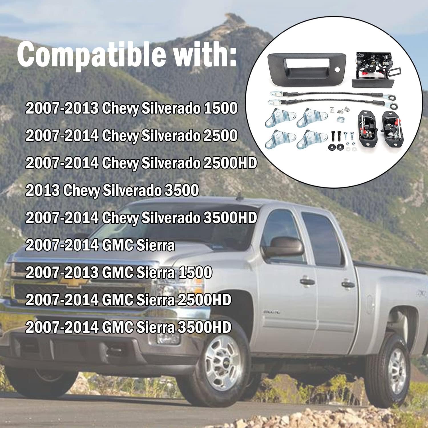 Tailgate Hardware Rebuild Kit Fit for 2007 2008 2009 2010 2011 2012 2013 2014 Chevy Silverado GMC Sierra 1500 2500 3500 (All Kit)-Tailgate Handle Bezel Latch and Cables Rods