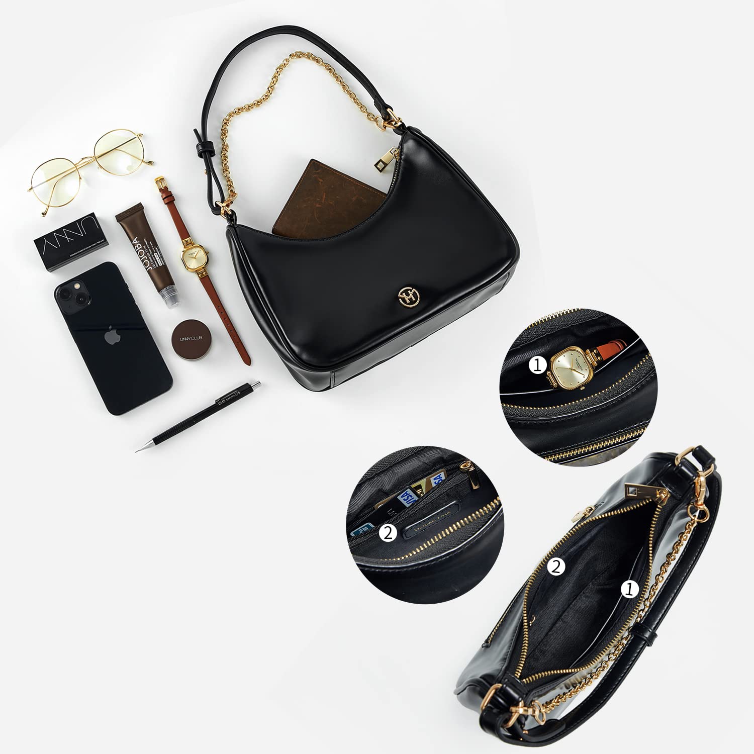 VICTORIA HYDE Unterarmtasche Damen Kleine Schultertasche Schwarz Handtasche Crossbody Leder Shoulder Bag