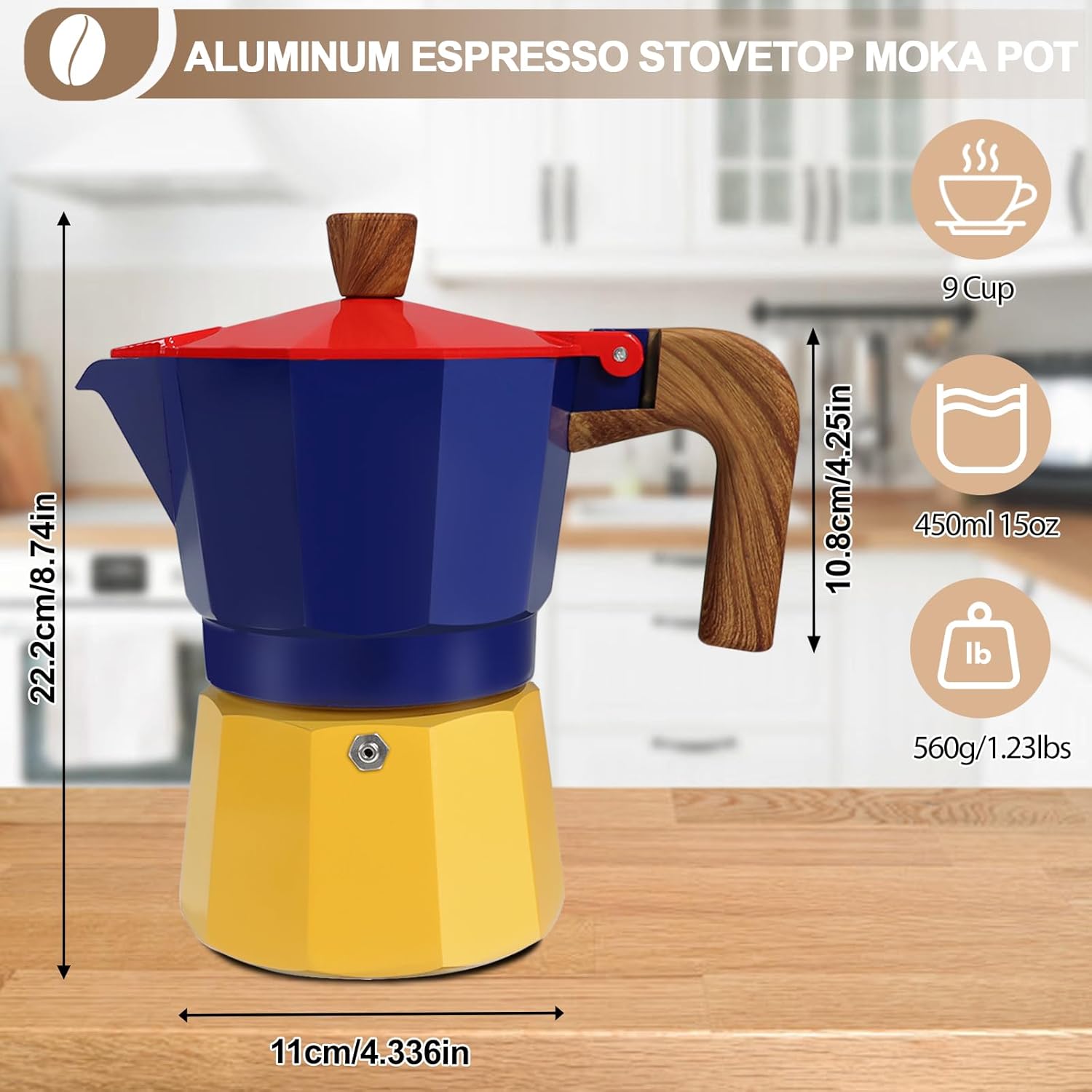 Aluminum 9 Cup 450ml Moka Pot Express Coffee Maker Stovetop Espresso Colorful Coffeemaker Italian Classic Style Brewing Greca Cafe Mocha Machine for Cafeteras Lover Camping Travel and Home Use 15oz