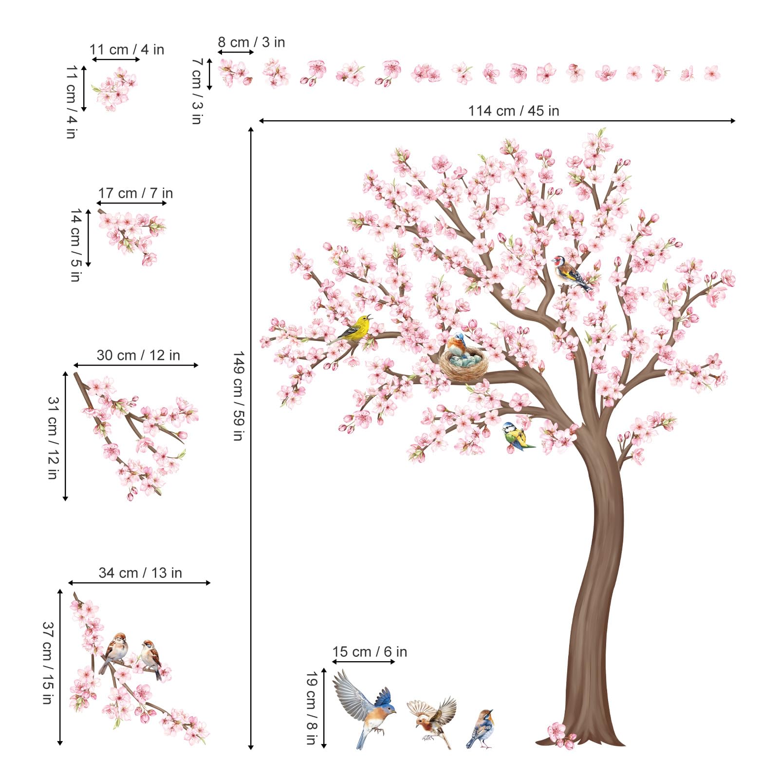 decalmile Large Cherry Blossom Tree Wall Stickers Pink Flower Birds Tree Branch Wall Decals Living Room Girls Bedroom Baby Nursery Wall Decor(H: 59 inches/150 cm) - Image 4