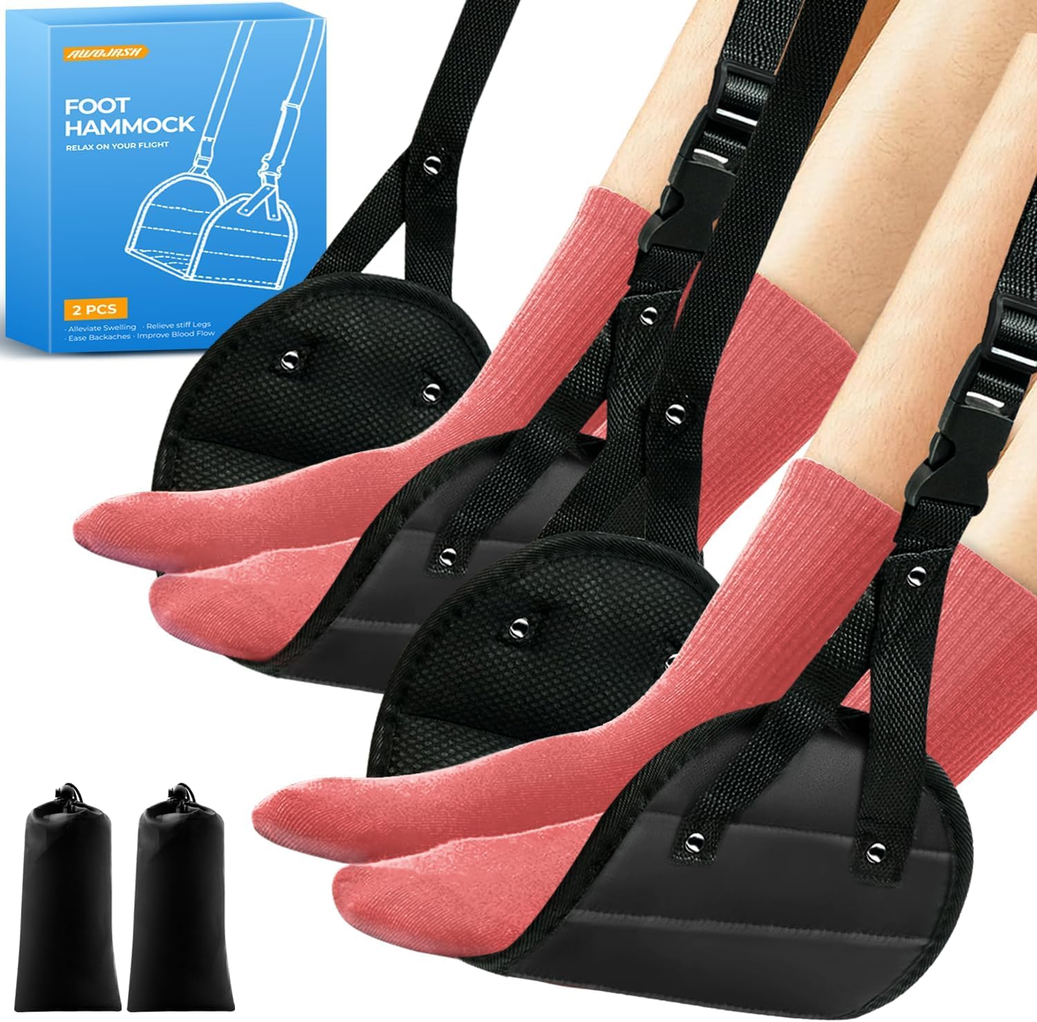 2-Pack Airplane Foot Hammock, Portable Leg Rest with Removable Cushion for Women and Men, Ergonomic Support for Travel, Car & Home