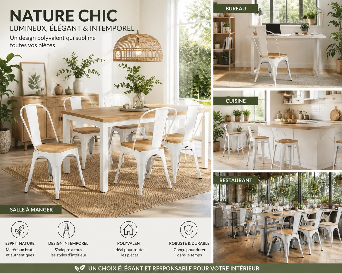 Kosmi Chaise Industrielle Blanche Métal et Bois – Style Factory Vintage – Assise Bois Naturel – Chaise de Salle à Manger, Cuisine, Restaurant, Café – Empilable – Robuste et Confortable