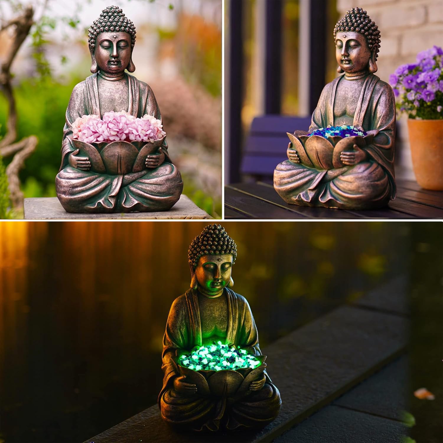 Yeomoo Figura de Buda de meditación, decoración de jardín para exterior, Buda Zen, decoración de jardín, salón, balcón, figuras grandes con piedras de loto y piedra de cristal, regalos para mujeres