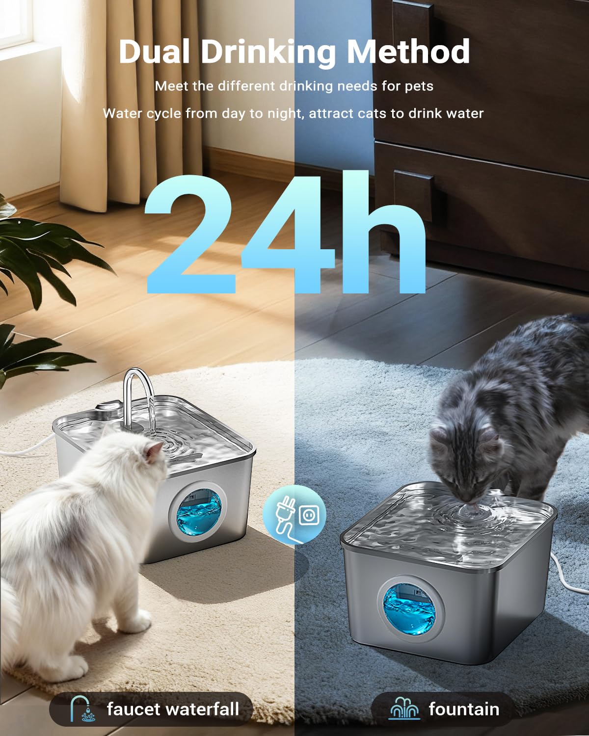 Fontanella per Gatti Acciaio Inox: 2,6L Fontana per Gatti, Ultra Silenzioso, Quadruplo Filtrazione, Cavo Automatico Fontanella Gatto con Rubinetto 3 Filtri e 3 Spugne LED, Facile da Pulire