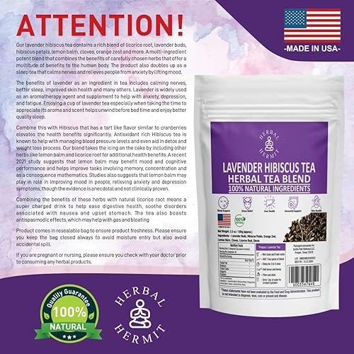 Miniatura 5 de Té de lavanda con hojas sueltas de lavanda secas e hibisco  Mezcla de té para dormir para aliviar el estrés, 3.5 onzas (3.53 oz), fabricado en