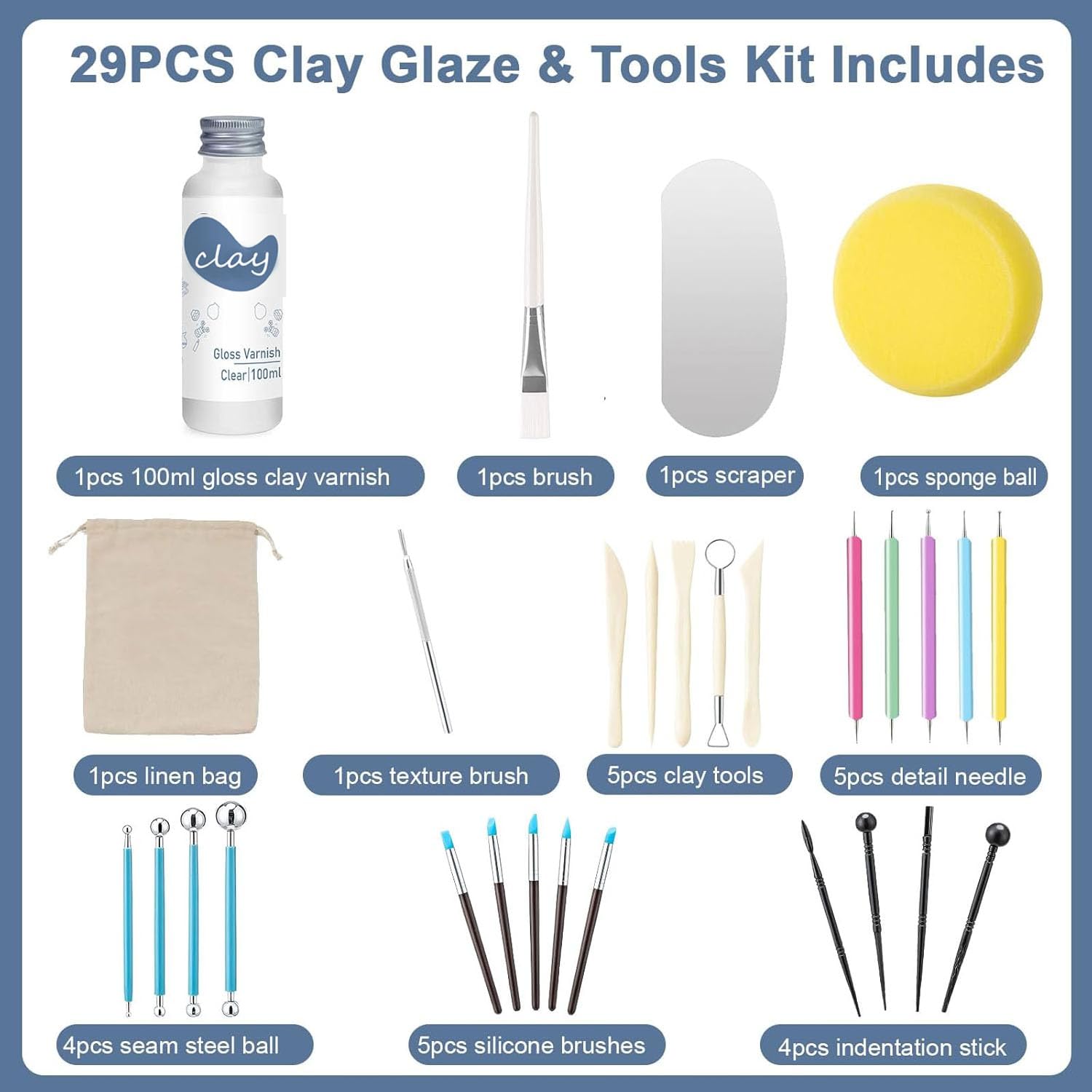 29 Pcs smalto argilla con kit di strumenti per scultura, 100 ml sigillante argilla per lucido, resistente ai graffi, impermeabile, kit di strumenti per ceramica per scultura, modellazione (lucido)