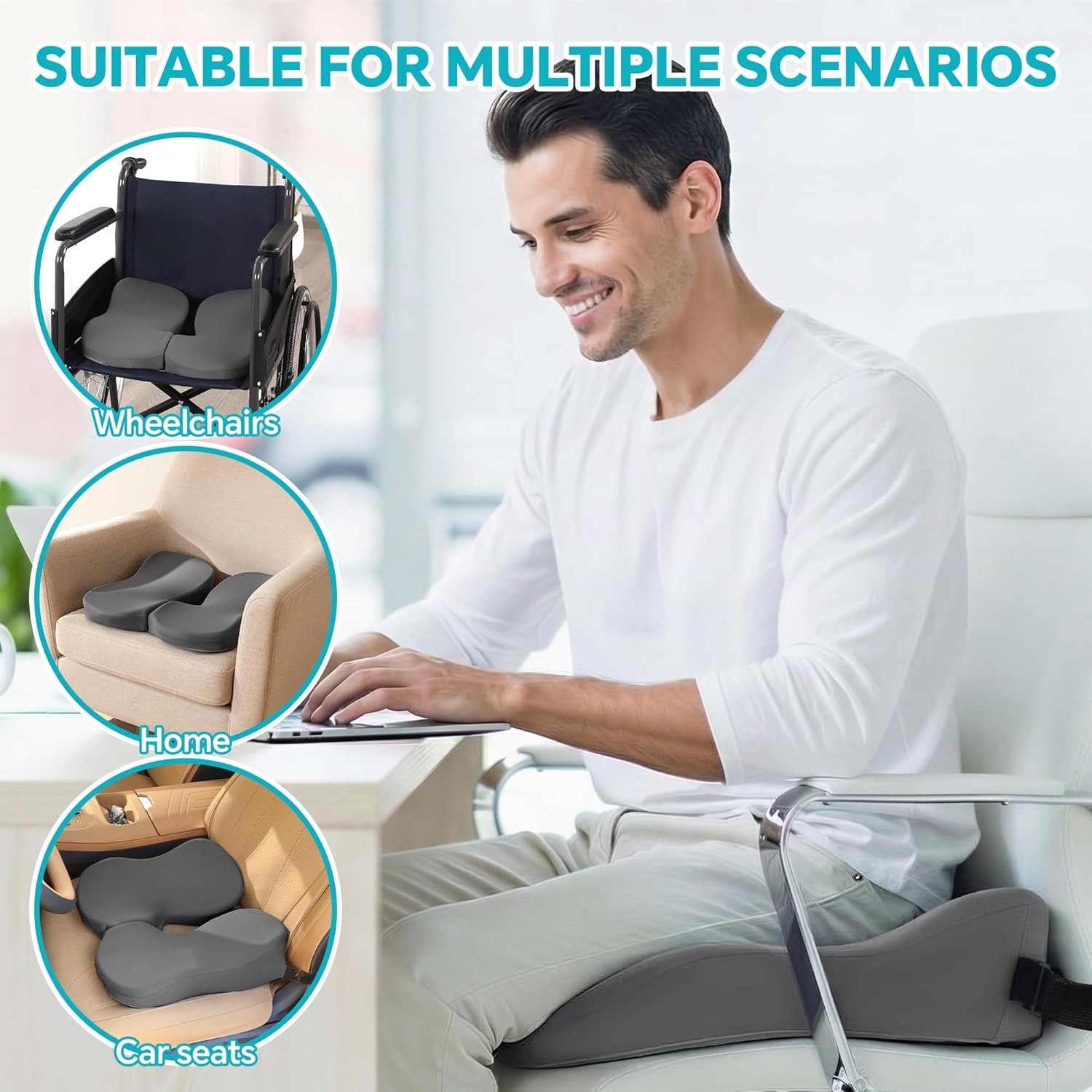 BALAPET Breathable Seat Cushion for Office Chair, Thick Memory Foam Pilonidal Cyst Cushion with Adjustable Staps, Relieving Pressure Tailbone Sciatica Back Pain for Long Sitting Office Game, Car